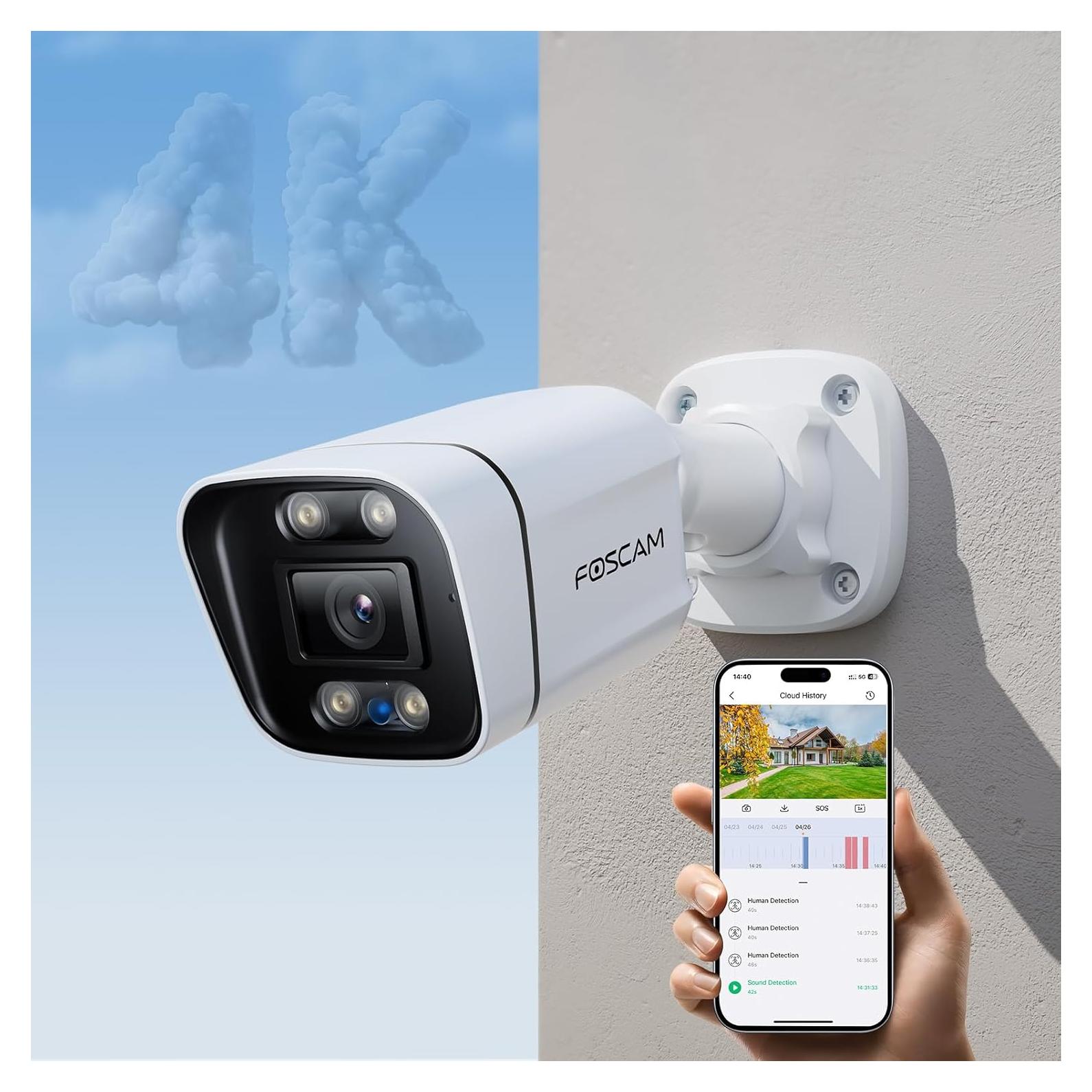 FOSCAM 4K 8MP IP PoE Security Cameras Wireless Outdoor, V8EP Surveillance Camera for Home Security, 120° FoV, 20x Zoom, AI Detect Human/Vehicle, 66FT Color Night Vision,Siren Alert,2-Way Audio,IP66