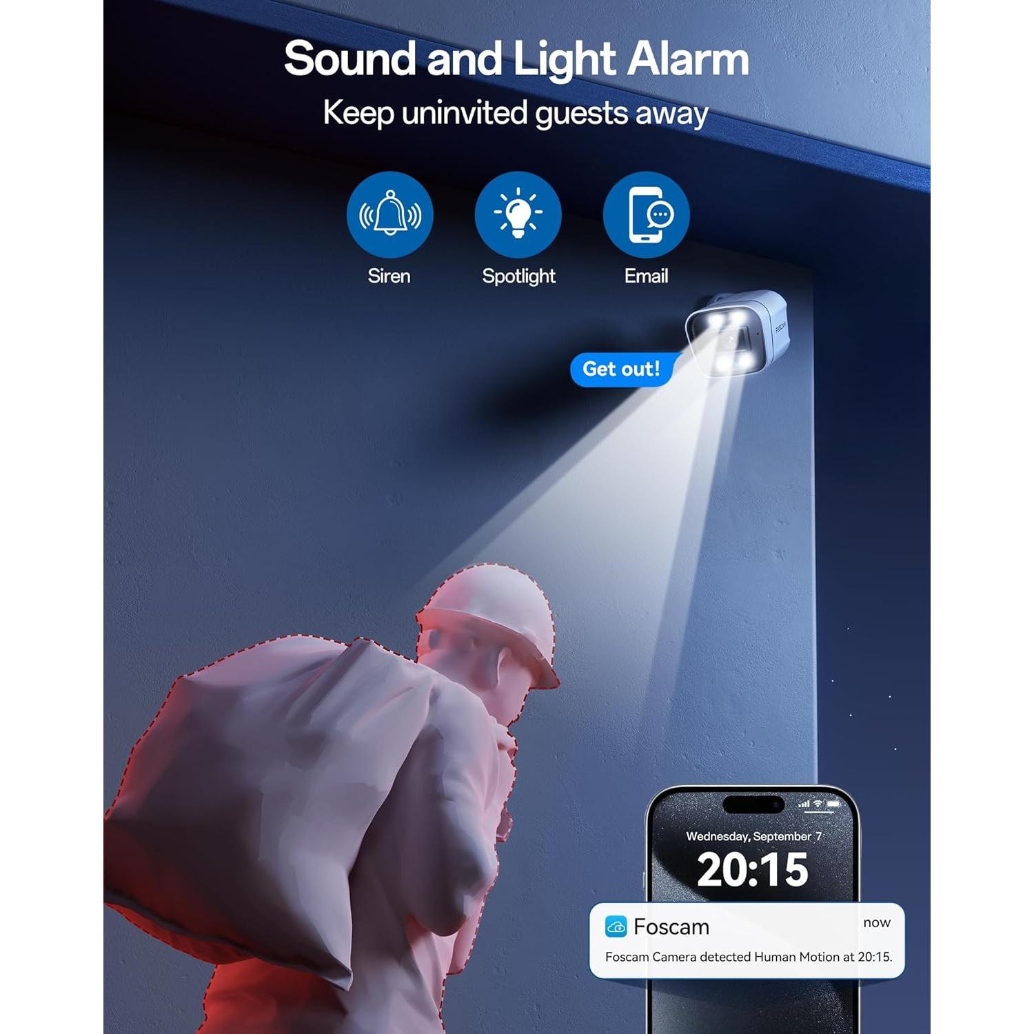 FOSCAM 4K 8MP IP PoE Security Cameras Wireless Outdoor, V8EP Surveillance Camera for Home Security, 120° FoV, 20x Zoom, AI Detect Human/Vehicle, 66FT Color Night Vision,Siren Alert,2-Way Audio,IP66