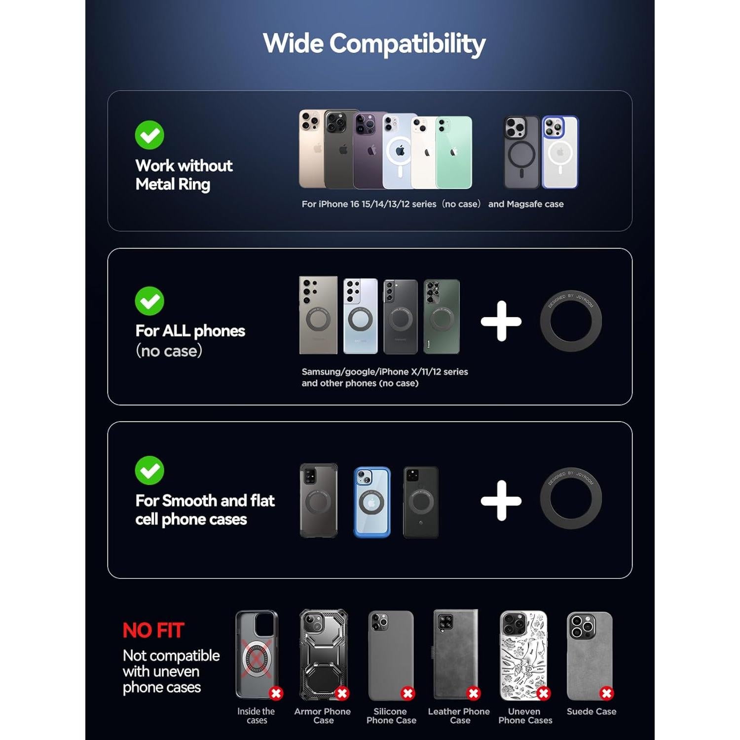 JOYROOM Magsafe Suction Cup Phone Mount, Vacuum Magnetic Phone Holder for Car, 360° Metal Strut Magsafe Car Mount for iPhone 16 Pro Max Plus/iPhone 15 14 13 12 & Android Magsafe Case, Dark Blue