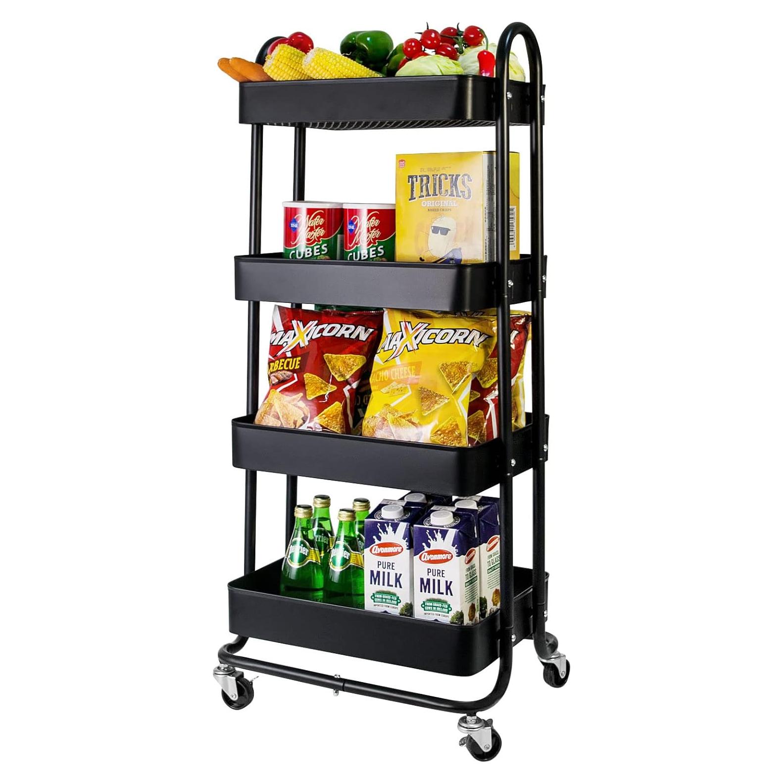 elabo 4-Tier Metal Mesh Utility Rolling Cart, Storage Organizer Trolley Services Cart with Lockable Wheels for Kitchen, Bathroom, Living Room (Black)