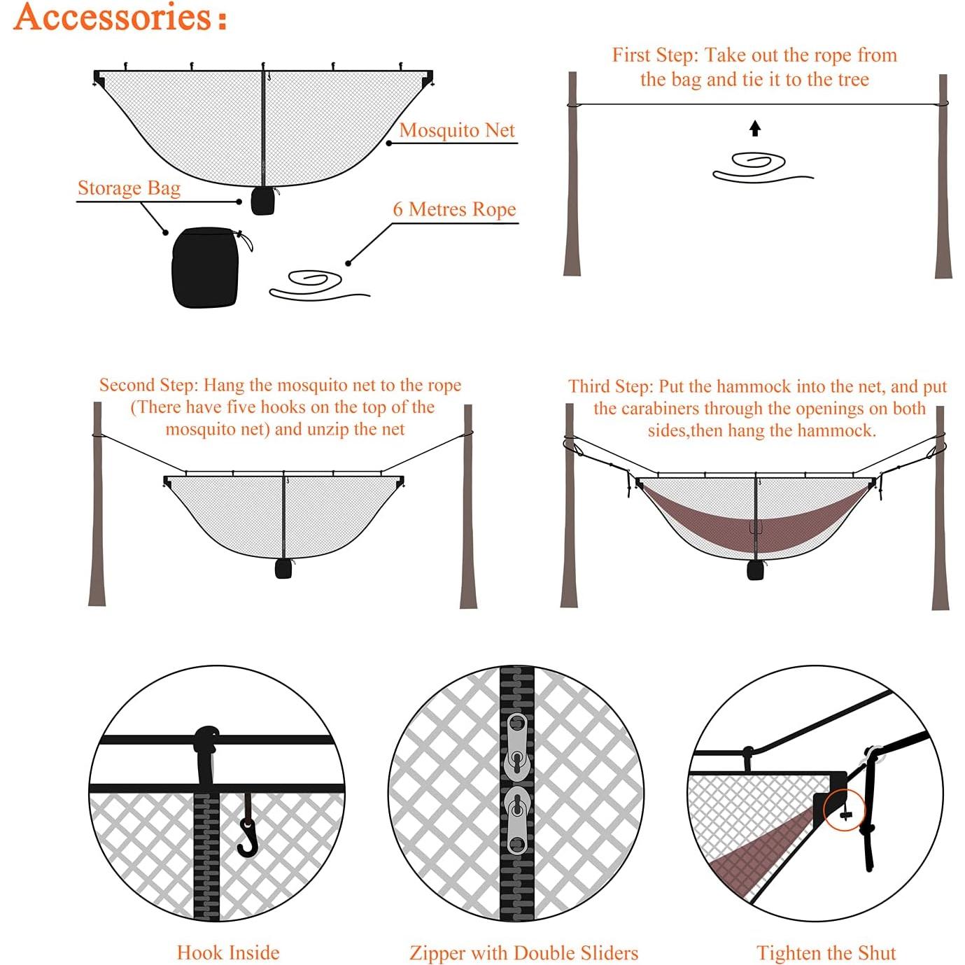 ALUCKY Hammock Net Camping Mosquito Net, No See Ums & Repels Insect, Polyester Netting for 360 Degree Protection, Double Sided Zipper for Easy Access Fits for All Camping Hammocks(Black)