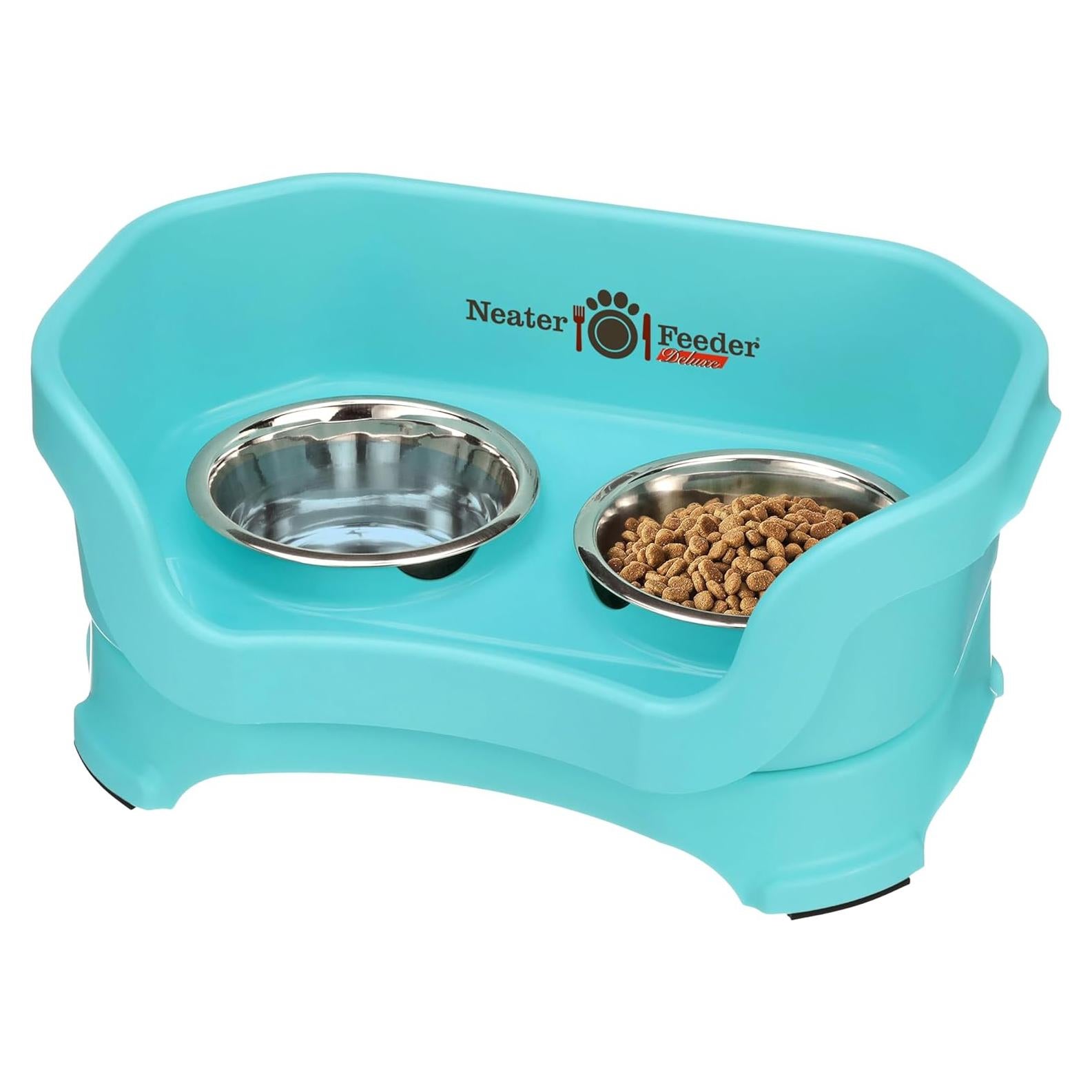 Neater Feeder Deluxe Mess Proof Dog Bowls Elevated for Small Breed – Made in USA – No Spill Raised Dog Food Bowl Stand – Stainless Steel Food and Water Bowl Set, Pet Feeding Station, Aquamarine