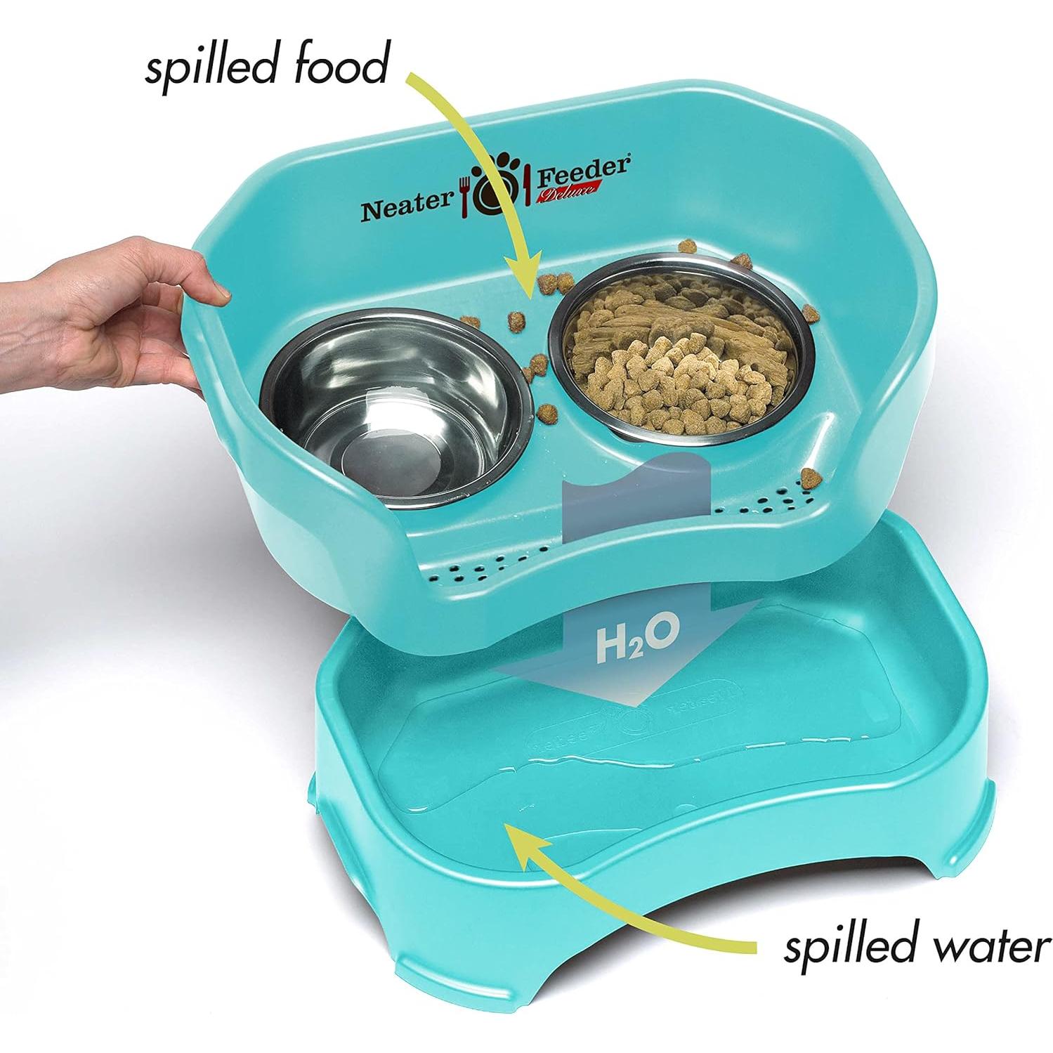 Neater Feeder Deluxe Mess Proof Dog Bowls Elevated for Small Breed – Made in USA – No Spill Raised Dog Food Bowl Stand – Stainless Steel Food and Water Bowl Set, Pet Feeding Station, Aquamarine
