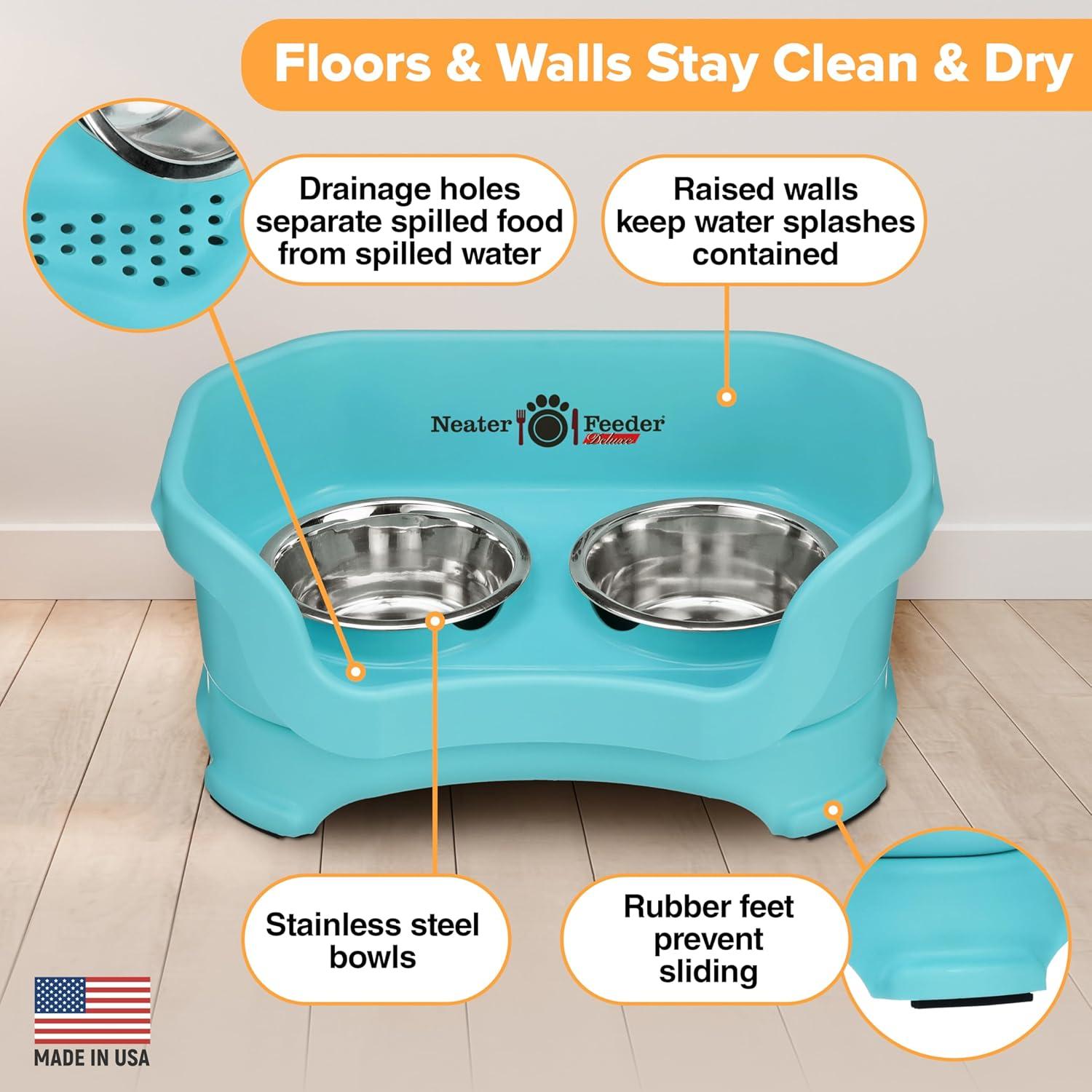 Neater Feeder Deluxe Mess Proof Dog Bowls Elevated for Small Breed – Made in USA – No Spill Raised Dog Food Bowl Stand – Stainless Steel Food and Water Bowl Set, Pet Feeding Station, Aquamarine