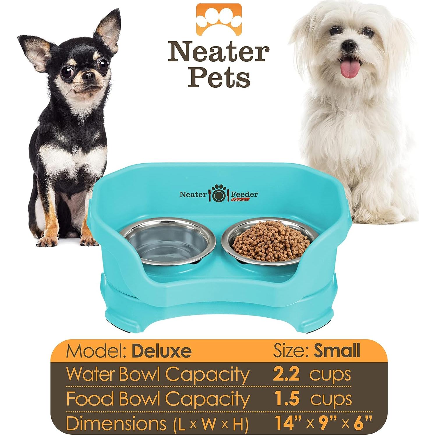 Neater Feeder Deluxe Mess Proof Dog Bowls Elevated for Small Breed – Made in USA – No Spill Raised Dog Food Bowl Stand – Stainless Steel Food and Water Bowl Set, Pet Feeding Station, Aquamarine