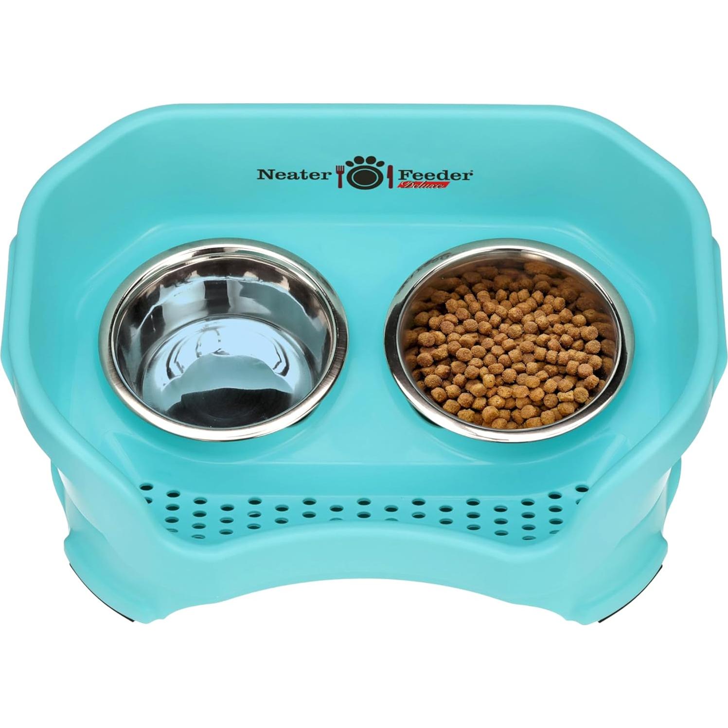 Neater Feeder Deluxe Mess Proof Dog Bowls Elevated for Small Breed – Made in USA – No Spill Raised Dog Food Bowl Stand – Stainless Steel Food and Water Bowl Set, Pet Feeding Station, Aquamarine