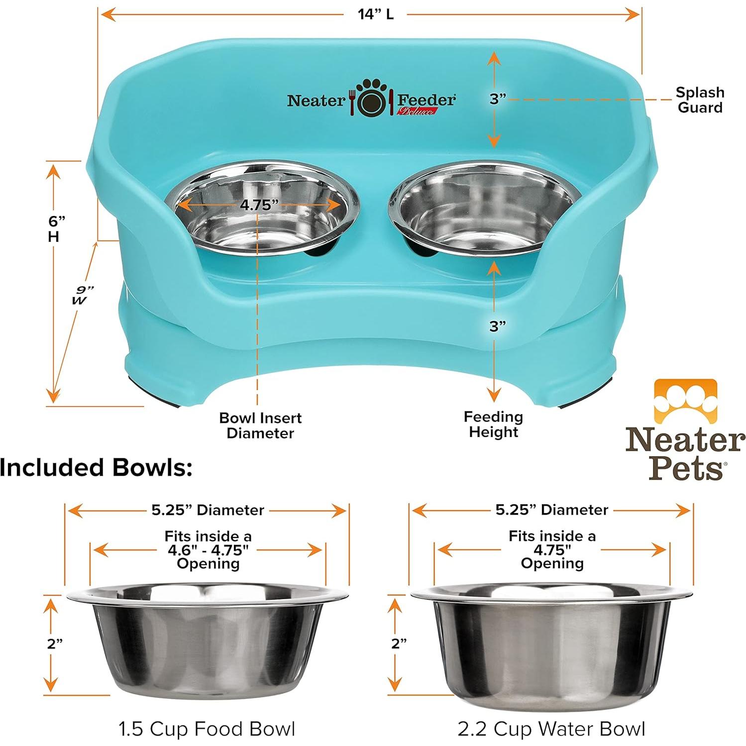 Neater Feeder Deluxe Mess Proof Dog Bowls Elevated for Small Breed – Made in USA – No Spill Raised Dog Food Bowl Stand – Stainless Steel Food and Water Bowl Set, Pet Feeding Station, Aquamarine