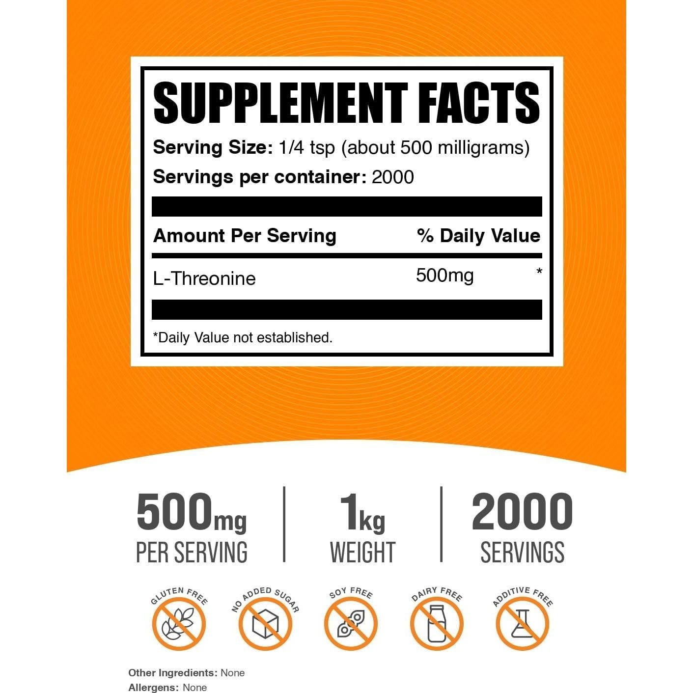 Polvo de L-Treonina BulkSupplements 500mg 1kg Suplemento Aminoácido