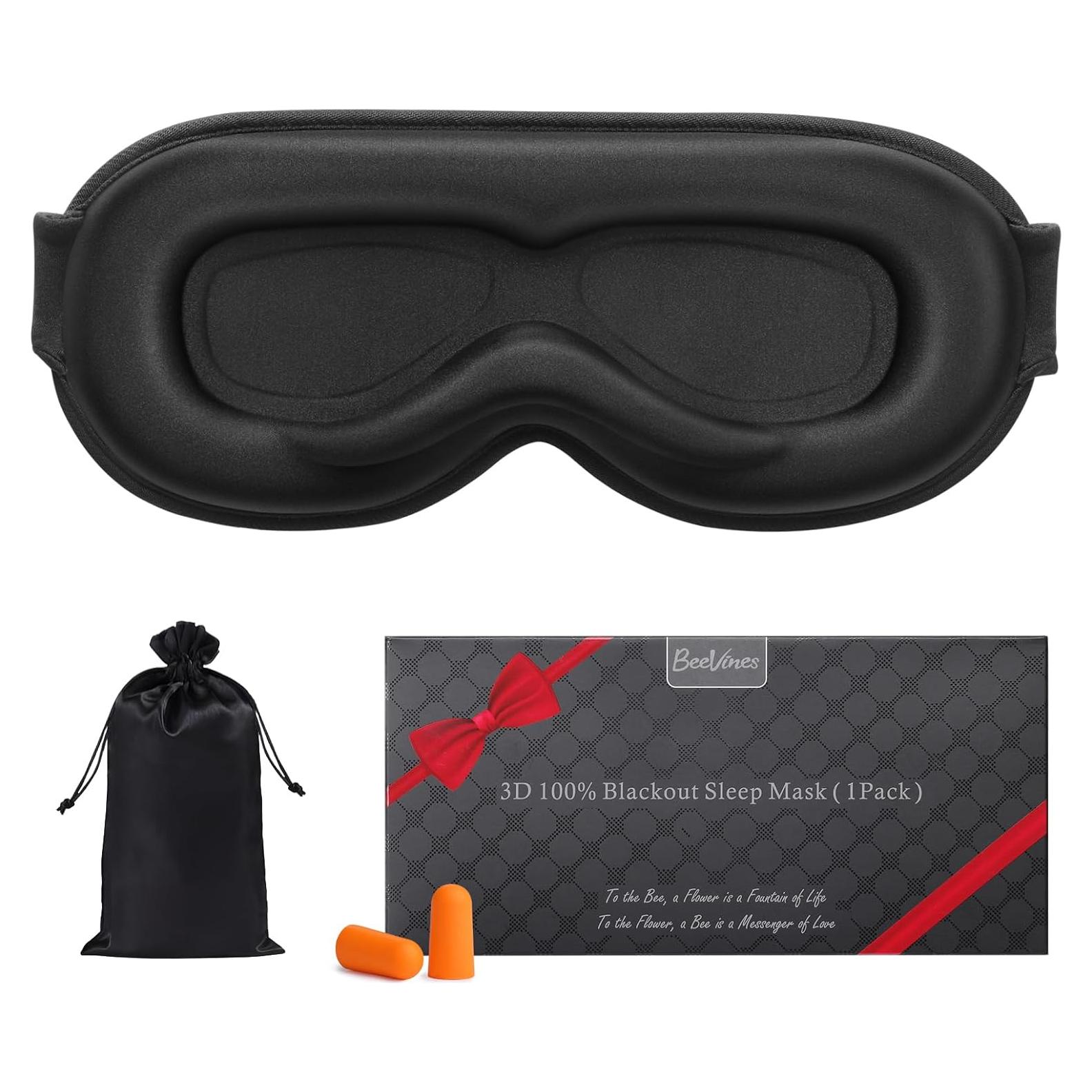 BeeVines Sleep Mask, 100% Blackout Eye Mask for Sleep, 3D Eye Mask for Women Men, Zero Eye Pressure Sleeping Mask for Side Sleepers, Eye Shade Cover Includes Travel Pouch (001 Black)