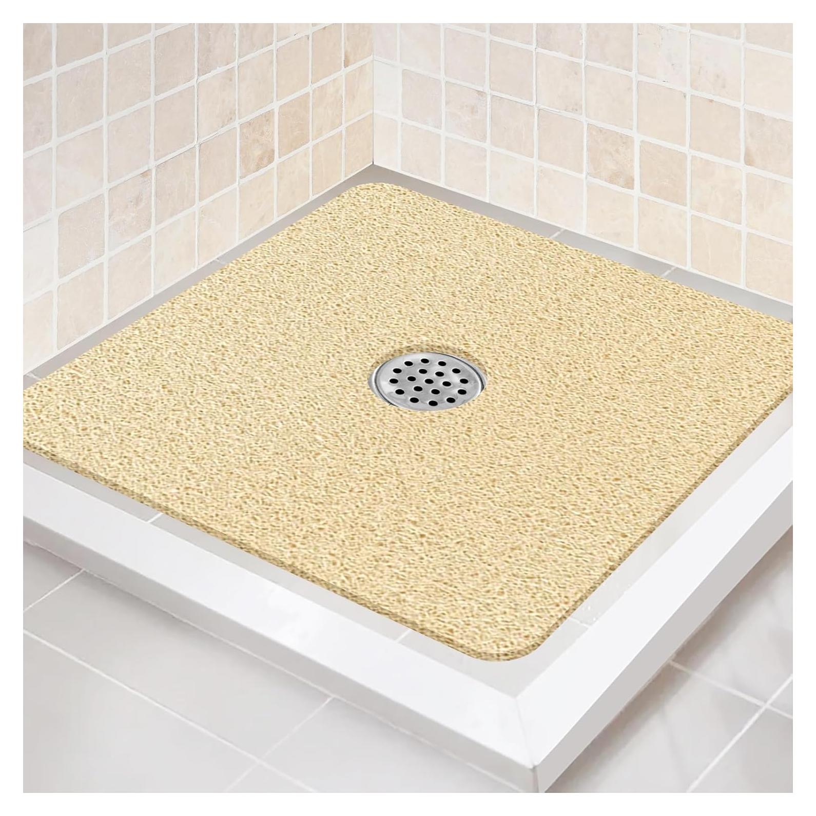 Shower Mat Non Slip,27 x 27 Inch Extra Large Bath Mat with Drain,Soft Square Loofah Shower Stall Mat Bathtub Mat for Bathroom,Without Suction Cups (Beige Yellow)