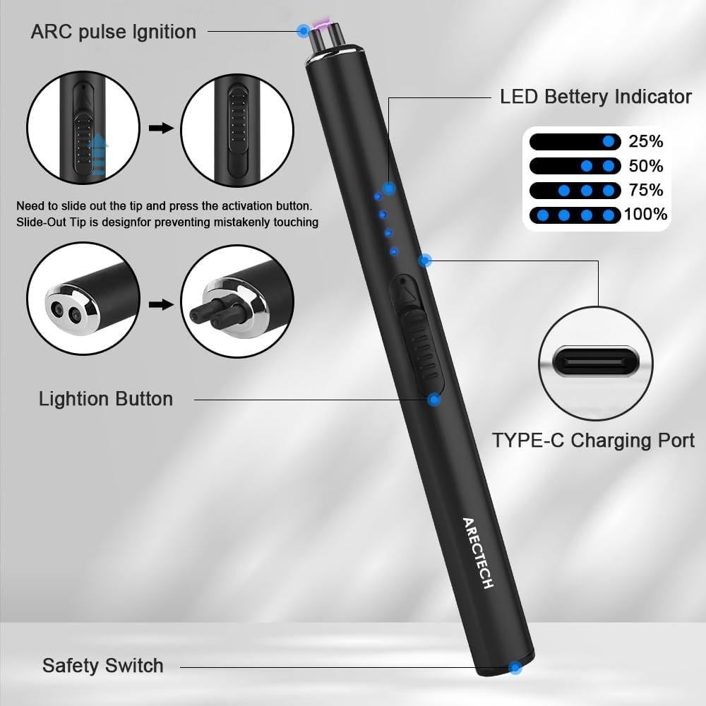 Encendedor Eléctrico Recargable ARECTECH Tipo-C Negro