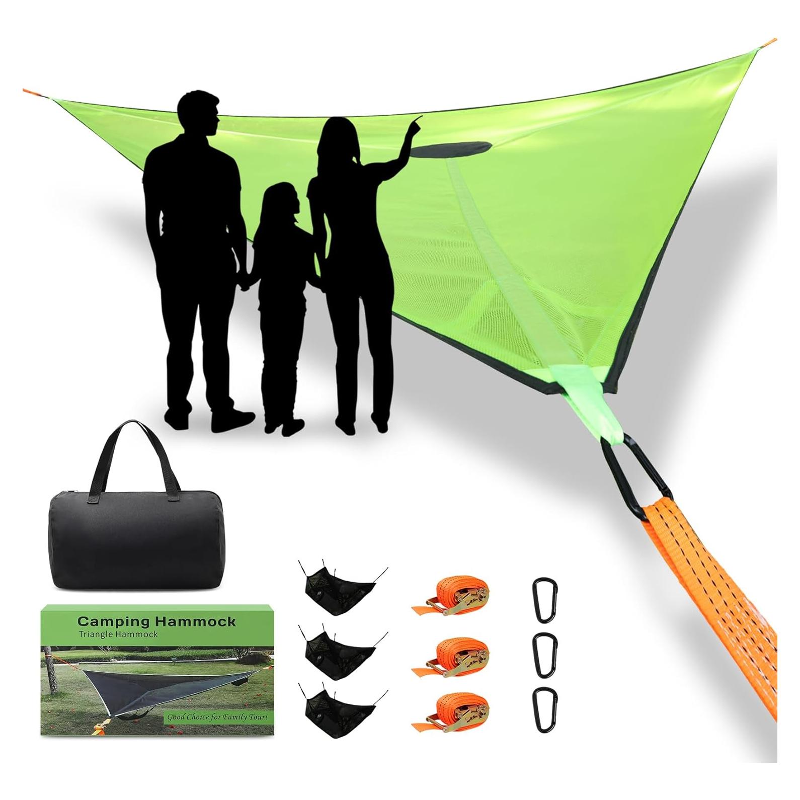 Triangle camping hammock for Outside, multi person hammock 3-6 Person Capacity, Portable 3 Point Hammock With Straps & Storage Bag Outdoor hammock for Gathering, beach, Family (157'', 1100Lbs)