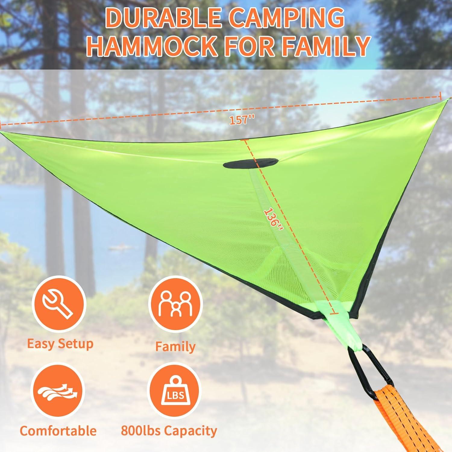 Triangle camping hammock for Outside, multi person hammock 3-6 Person Capacity, Portable 3 Point Hammock With Straps & Storage Bag Outdoor hammock for Gathering, beach, Family (157'', 1100Lbs)