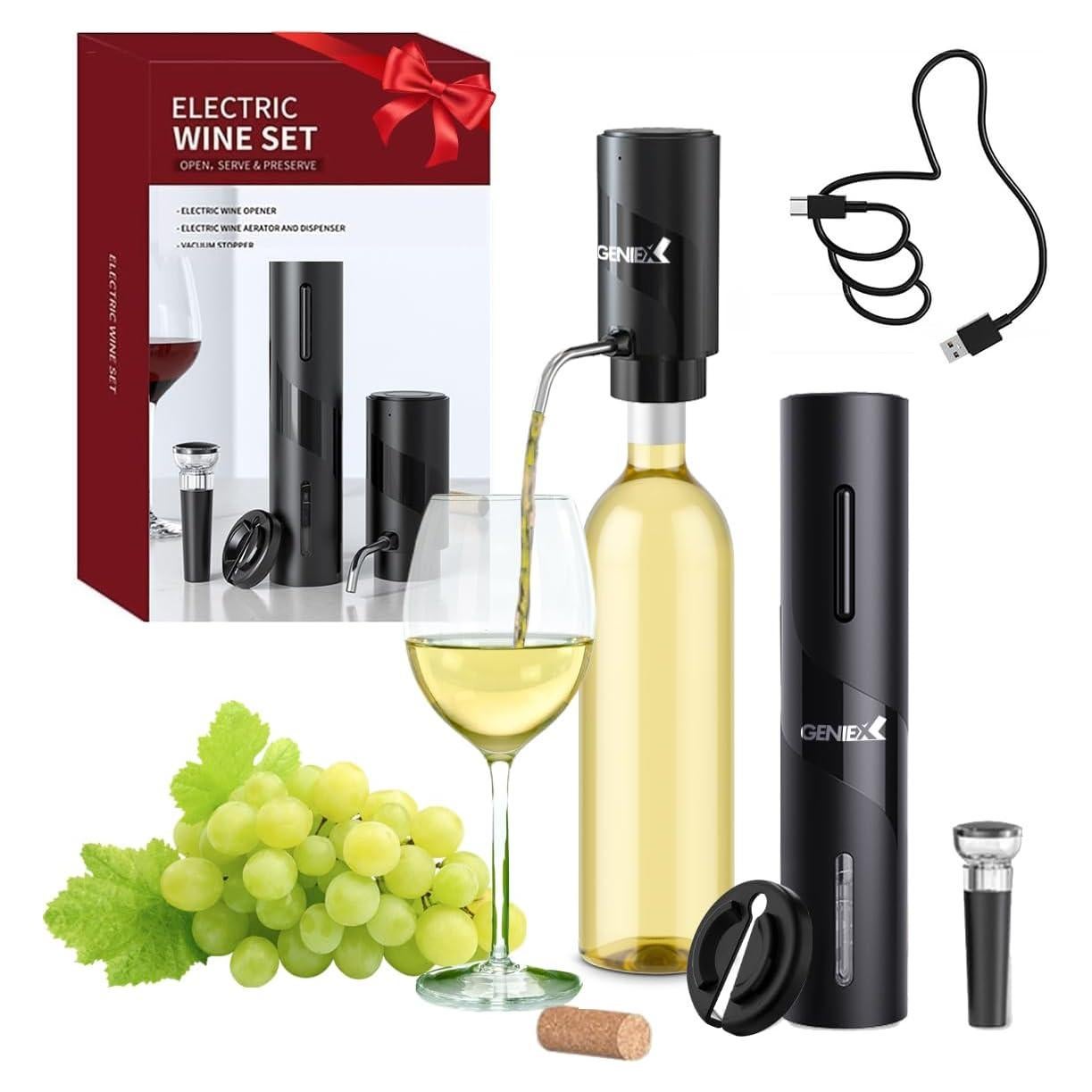 Juego de Vino Eléctrico GENIEX 4 en 1 - Sacacorchos y Dispensador