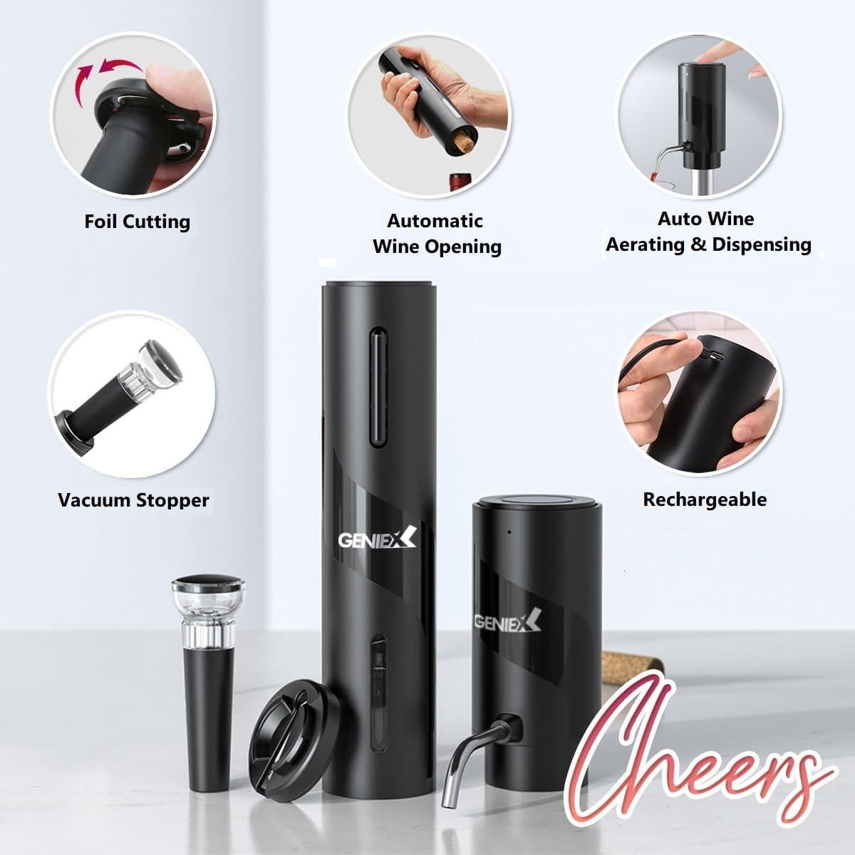 Juego de Vino Eléctrico GENIEX 4 en 1 - Sacacorchos y Dispensador