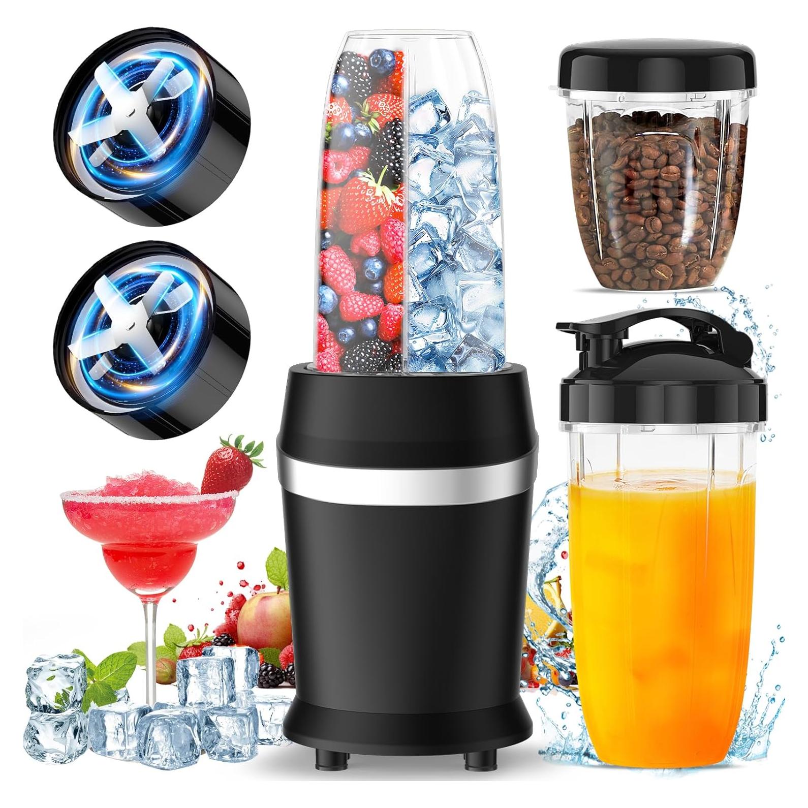 12-Piece Smoothie Blender Maker 25,000 RPM Personal Blender for Ice Crushing Smoothies & Frozen Drinks Nuts with 23oz, 32oz, 37oz Portable Cups Two 6-Leaf Stainless Steel Blades, Matte Black