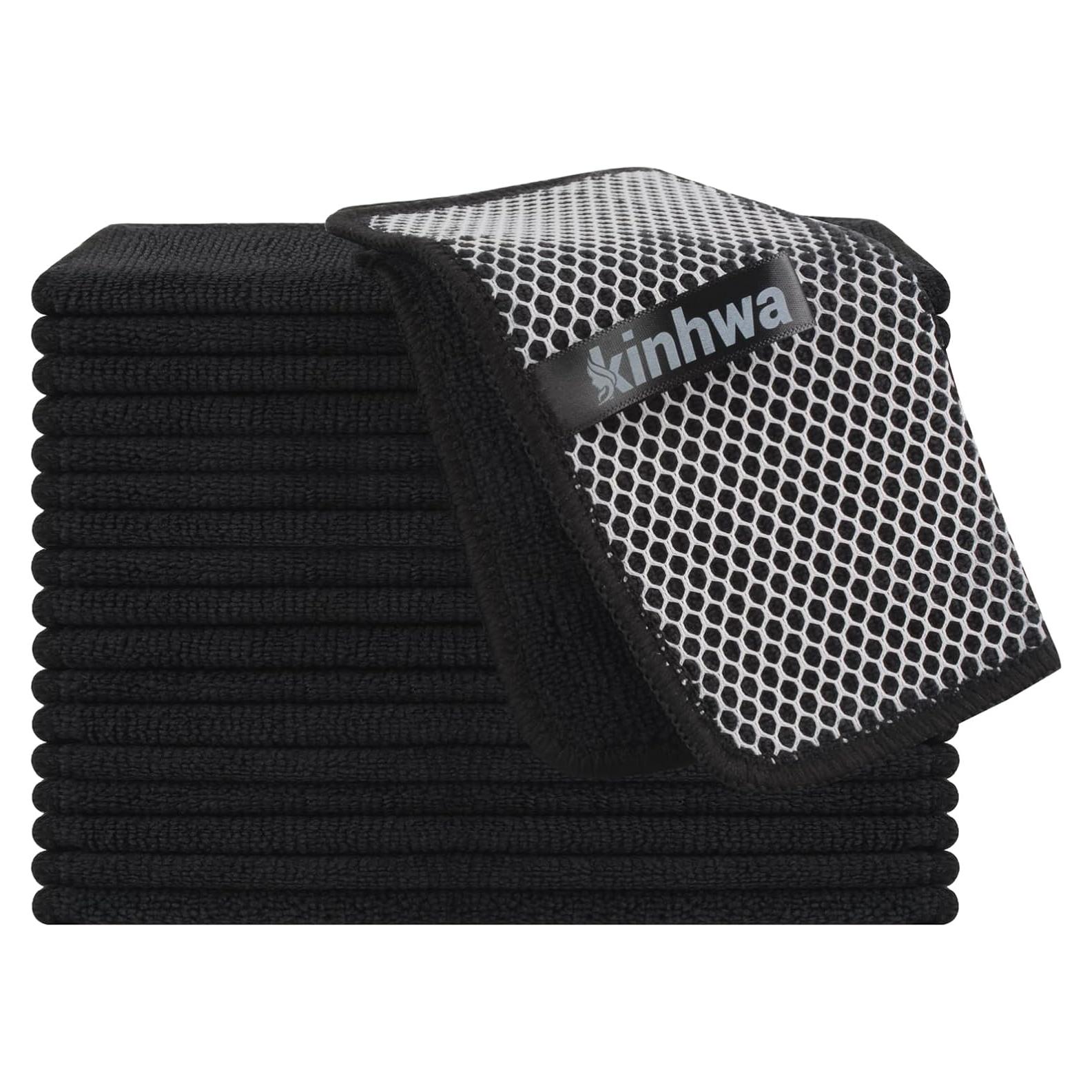 KinHwa Kitchen Washcloths for Dishes Absorbent Microfiber Dish Cloths Quick Dry Dish Rags with Poly Scour Scrub Side Ideal for Kitchen Cleaning and Housekeeping (Black, 7inchx7inch 18 Pack)