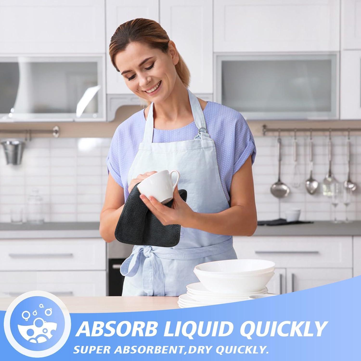 KinHwa Kitchen Washcloths for Dishes Absorbent Microfiber Dish Cloths Quick Dry Dish Rags with Poly Scour Scrub Side Ideal for Kitchen Cleaning and Housekeeping (Black, 7inchx7inch 18 Pack)