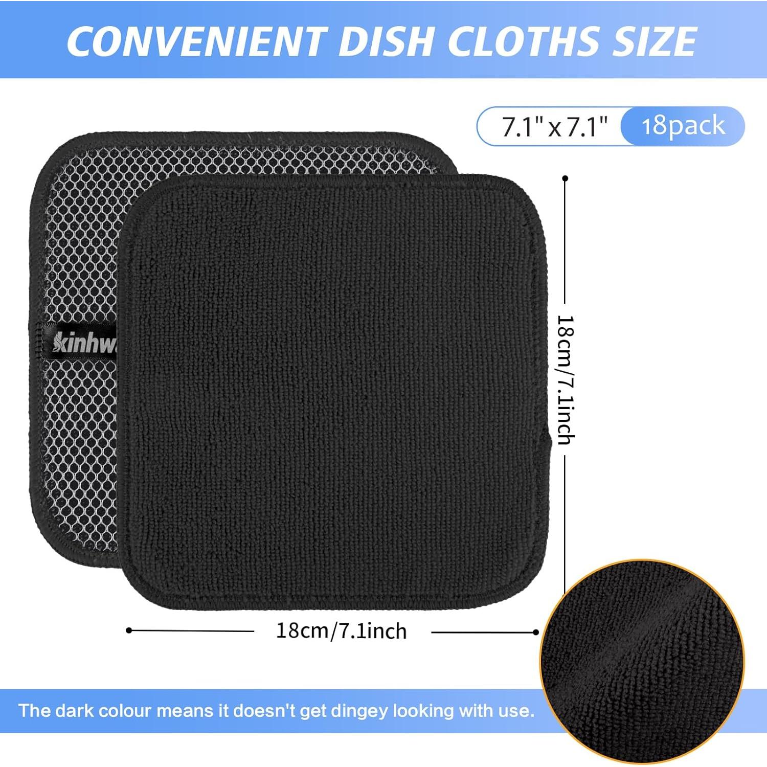 KinHwa Kitchen Washcloths for Dishes Absorbent Microfiber Dish Cloths Quick Dry Dish Rags with Poly Scour Scrub Side Ideal for Kitchen Cleaning and Housekeeping (Black, 7inchx7inch 18 Pack)