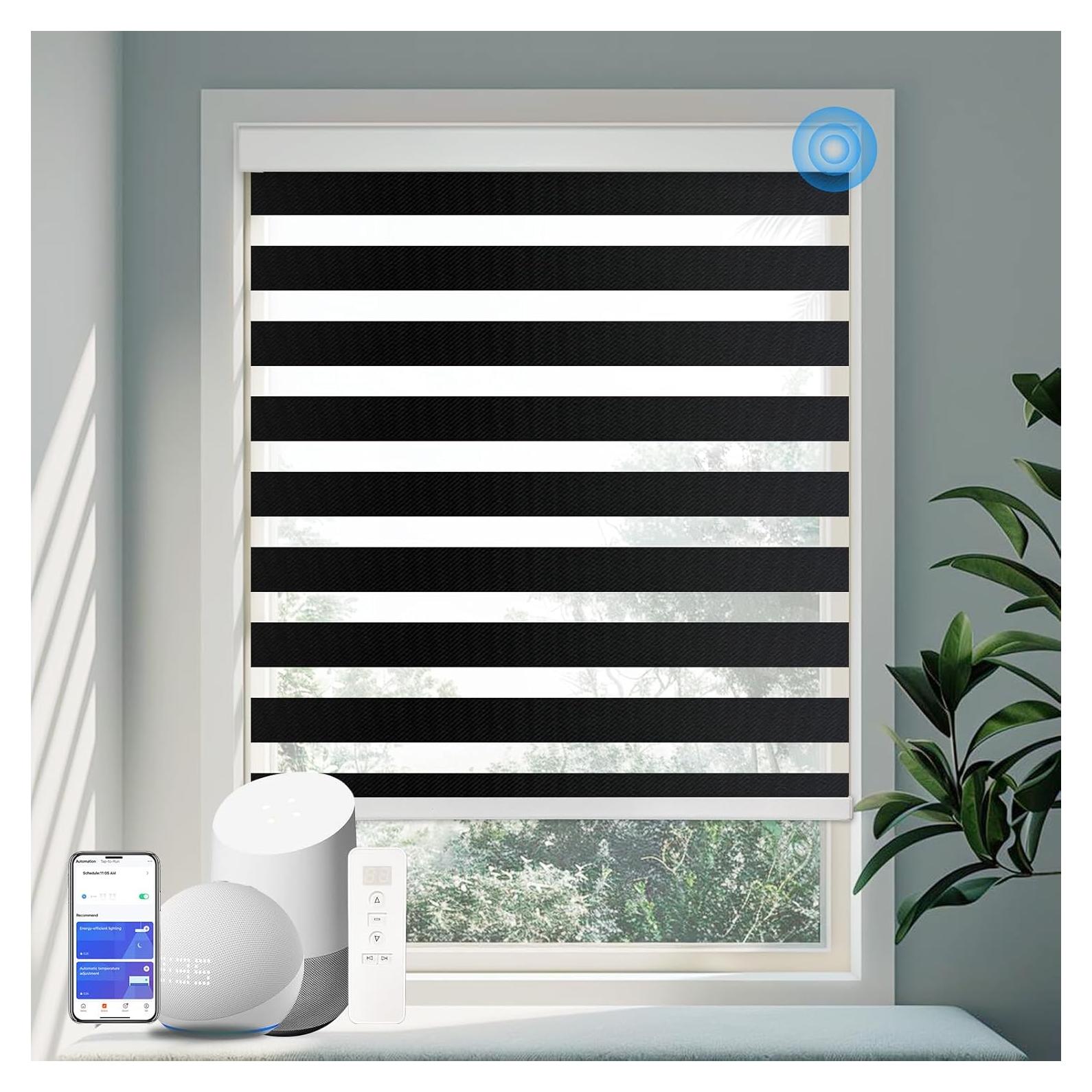 Motorized Zebra Blinds for Indoor Windows Cordless Electric Curtains with Remote Control Blackout Shades Custom Smart Blinds Alexa Google Home(Light Filtering Black,W20 X 72in)