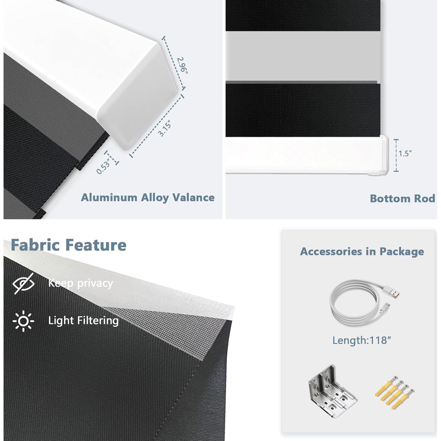 Motorized Zebra Blinds for Indoor Windows Cordless Electric Curtains with Remote Control Blackout Shades Custom Smart Blinds Alexa Google Home(Light Filtering Black,W20 X 72in)