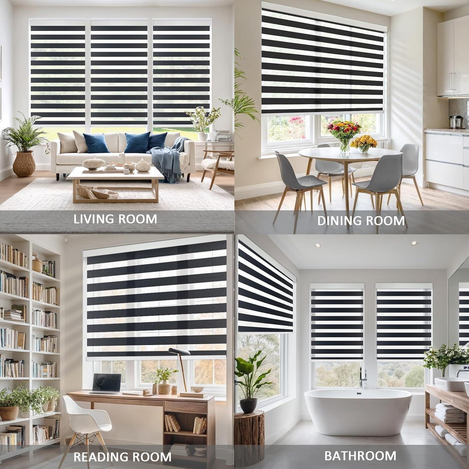 Motorized Zebra Blinds for Indoor Windows Cordless Electric Curtains with Remote Control Blackout Shades Custom Smart Blinds Alexa Google Home(Light Filtering Black,W20 X 72in)