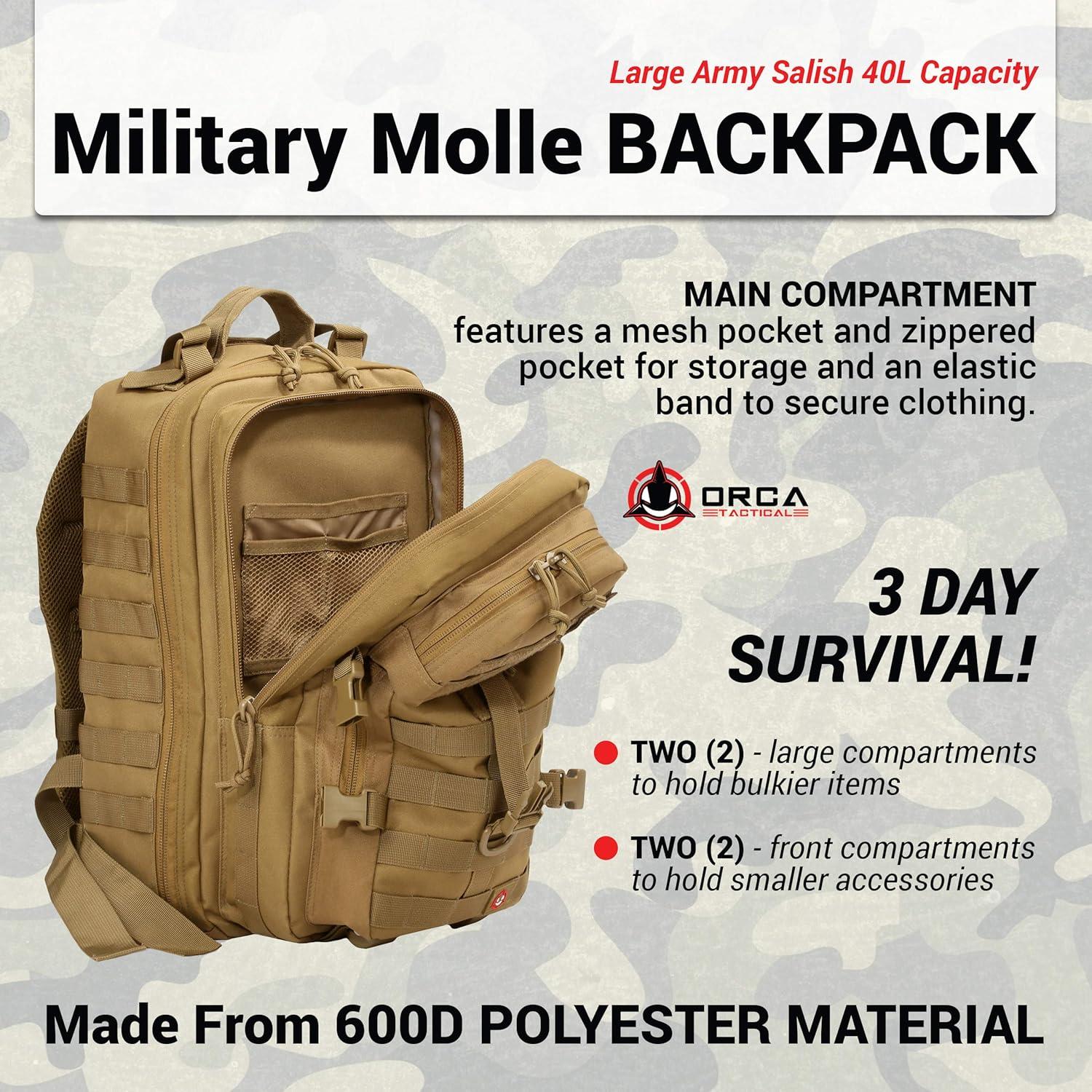 Mochila Táctica Militar Orca 40L Negra Molle 3 Días