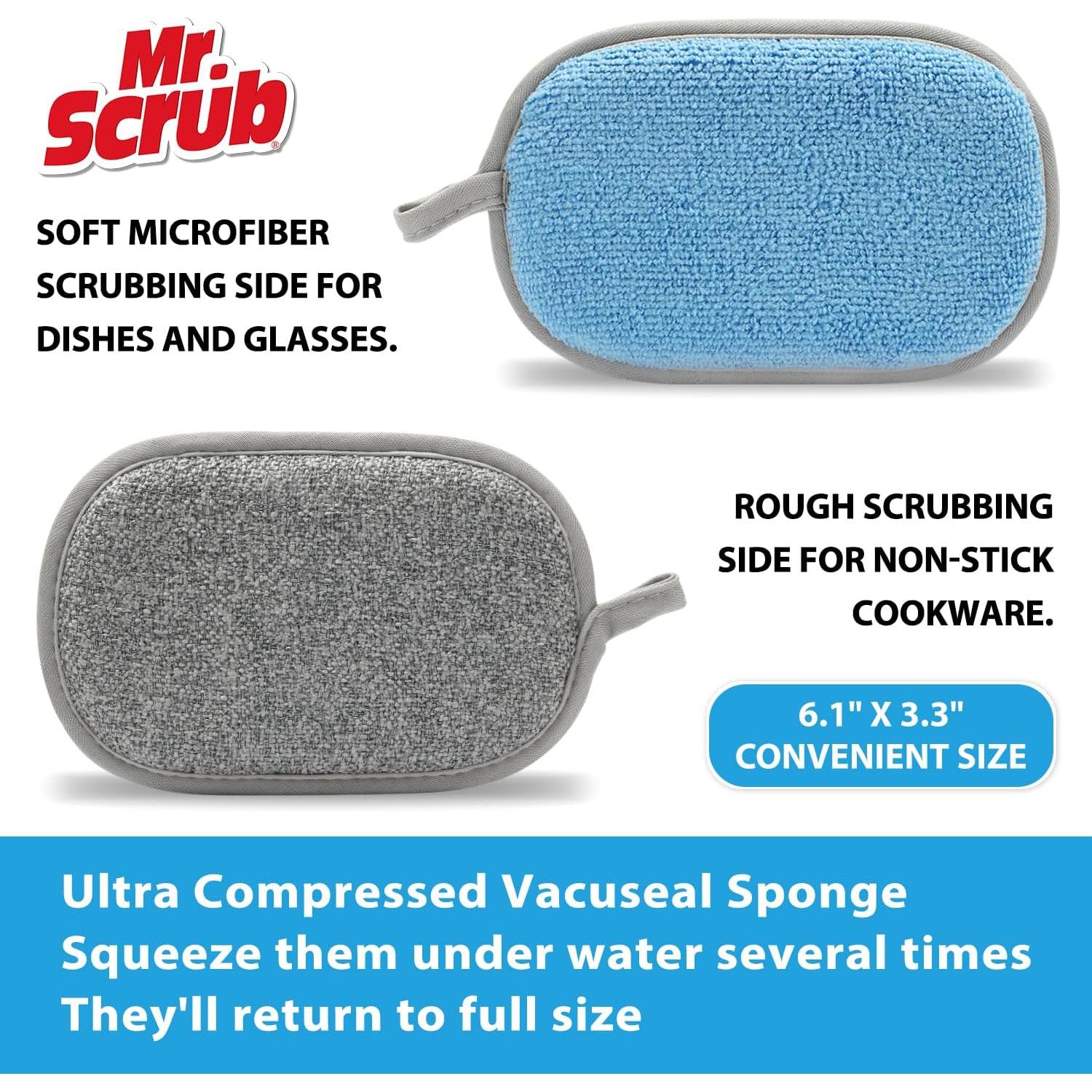Sponges Kitchen Dish Sponge for Washing Dishes Cleaning Kitchen, All-Purpose, 6 Pack, Non Scratch, Rough Scrubbers Side for Non-Stick Cookware, Soft Microfiber Scrub Side for Dishes, Mr. Scrub