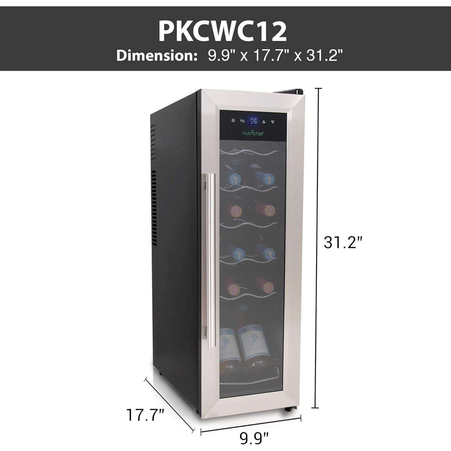 NutriChef PKCWC12 12 Bottle Cooler Refrigerator White and Red Countertop Chiller, Freestanding Compact Mini Wine Fridge with Digital Control, Stainless Steel