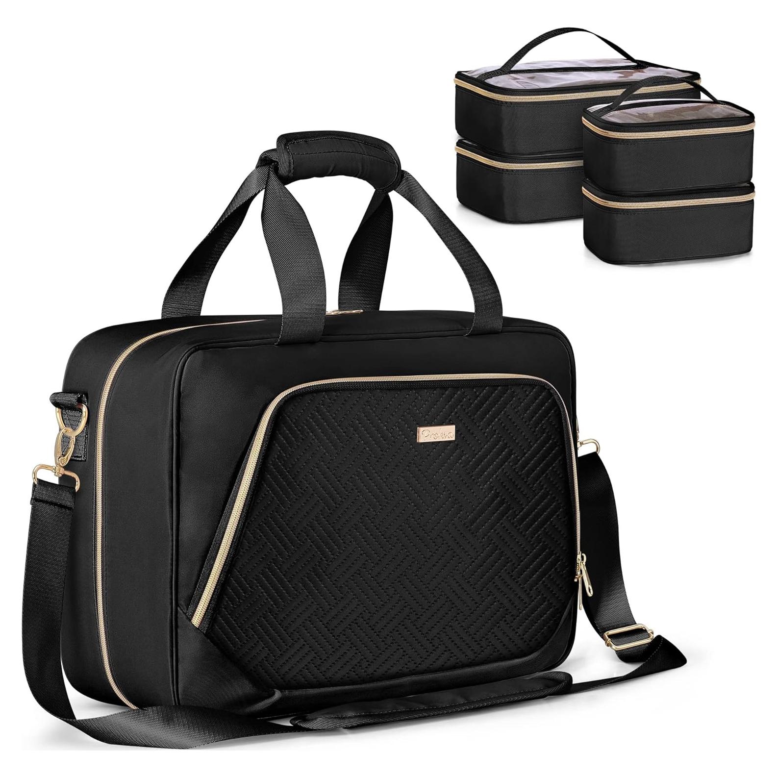 Professional Makeup Artist Travel Case with 4 Detachable Cosmetic Bags, Large Make up Organizer Bag with Makeup Kit Storage Section and Hair Tools Pocket, Black (Empty Bag Only)