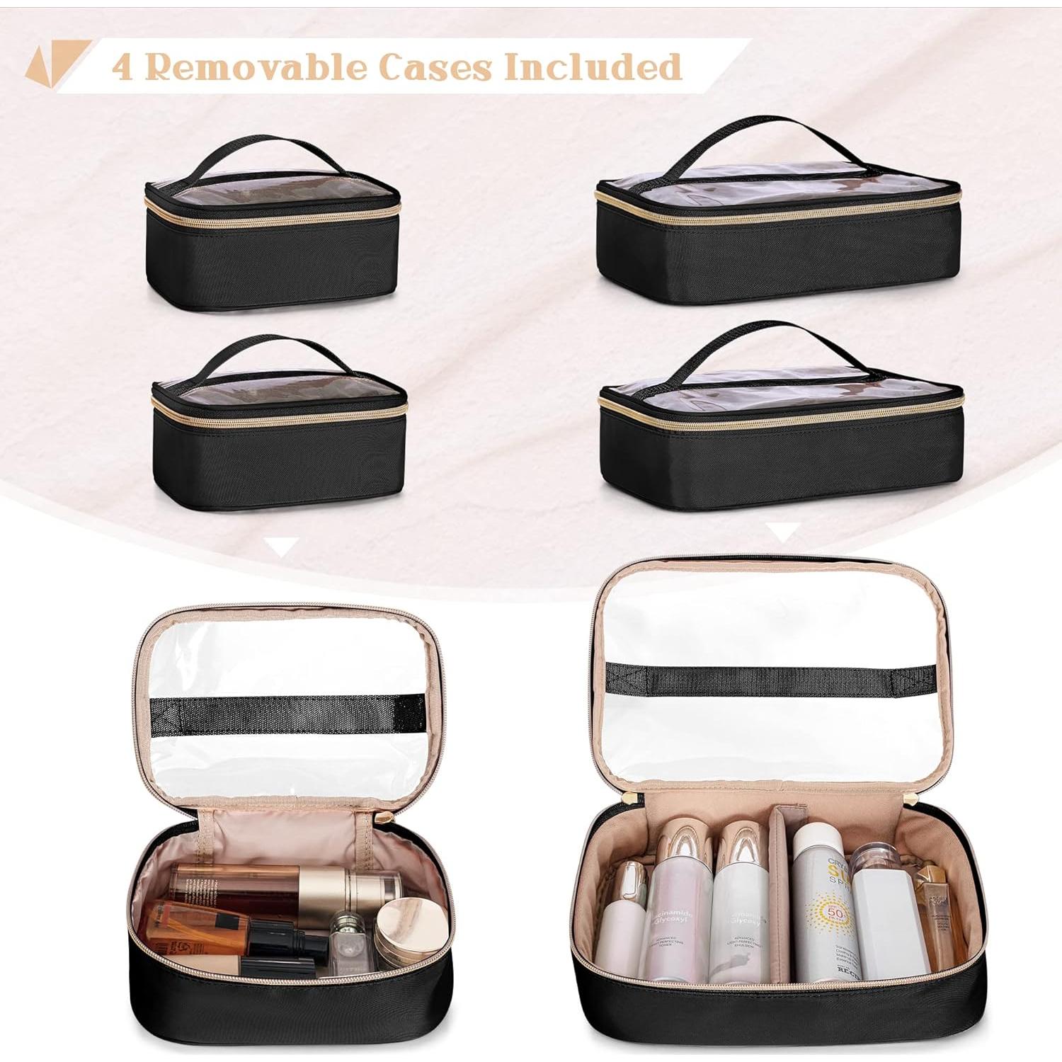 Professional Makeup Artist Travel Case with 4 Detachable Cosmetic Bags, Large Make up Organizer Bag with Makeup Kit Storage Section and Hair Tools Pocket, Black (Empty Bag Only)
