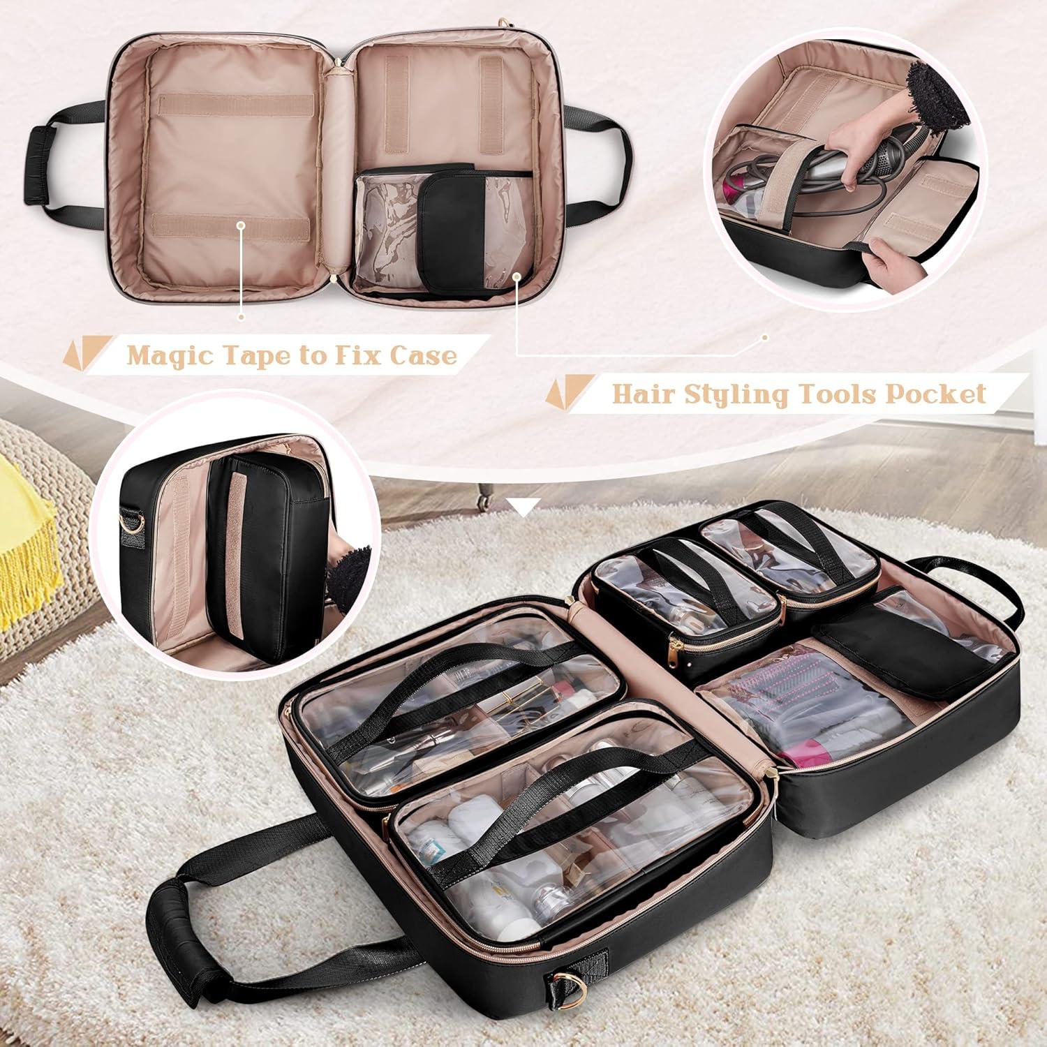 Professional Makeup Artist Travel Case with 4 Detachable Cosmetic Bags, Large Make up Organizer Bag with Makeup Kit Storage Section and Hair Tools Pocket, Black (Empty Bag Only)