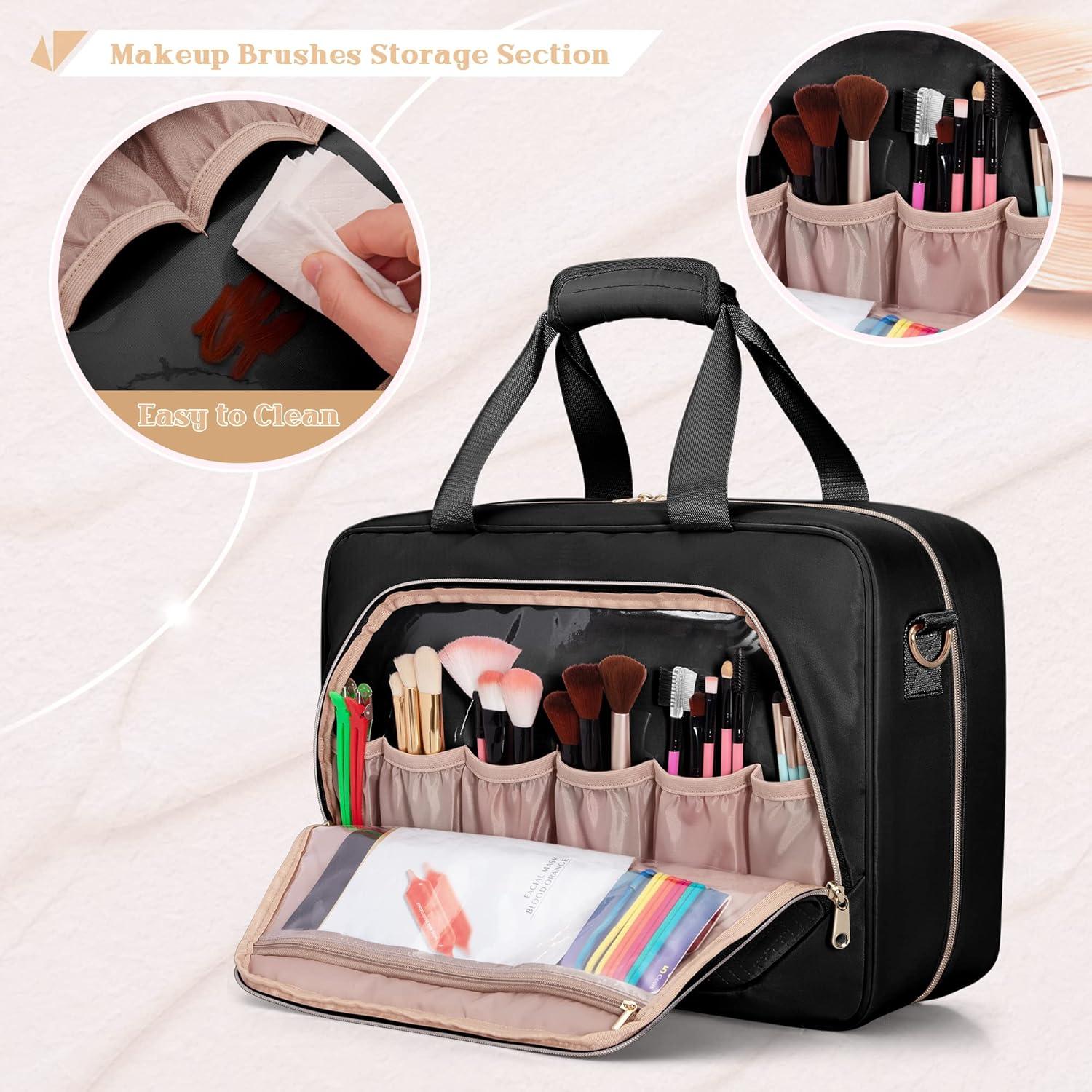 Professional Makeup Artist Travel Case with 4 Detachable Cosmetic Bags, Large Make up Organizer Bag with Makeup Kit Storage Section and Hair Tools Pocket, Black (Empty Bag Only)