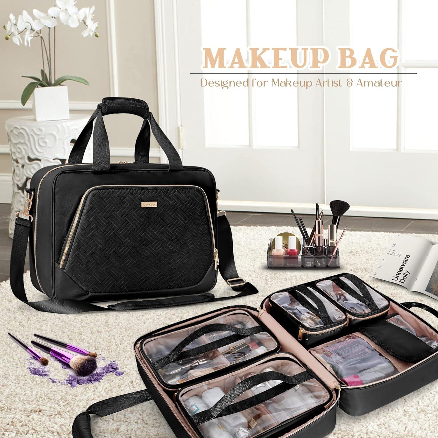 Professional Makeup Artist Travel Case with 4 Detachable Cosmetic Bags, Large Make up Organizer Bag with Makeup Kit Storage Section and Hair Tools Pocket, Black (Empty Bag Only)