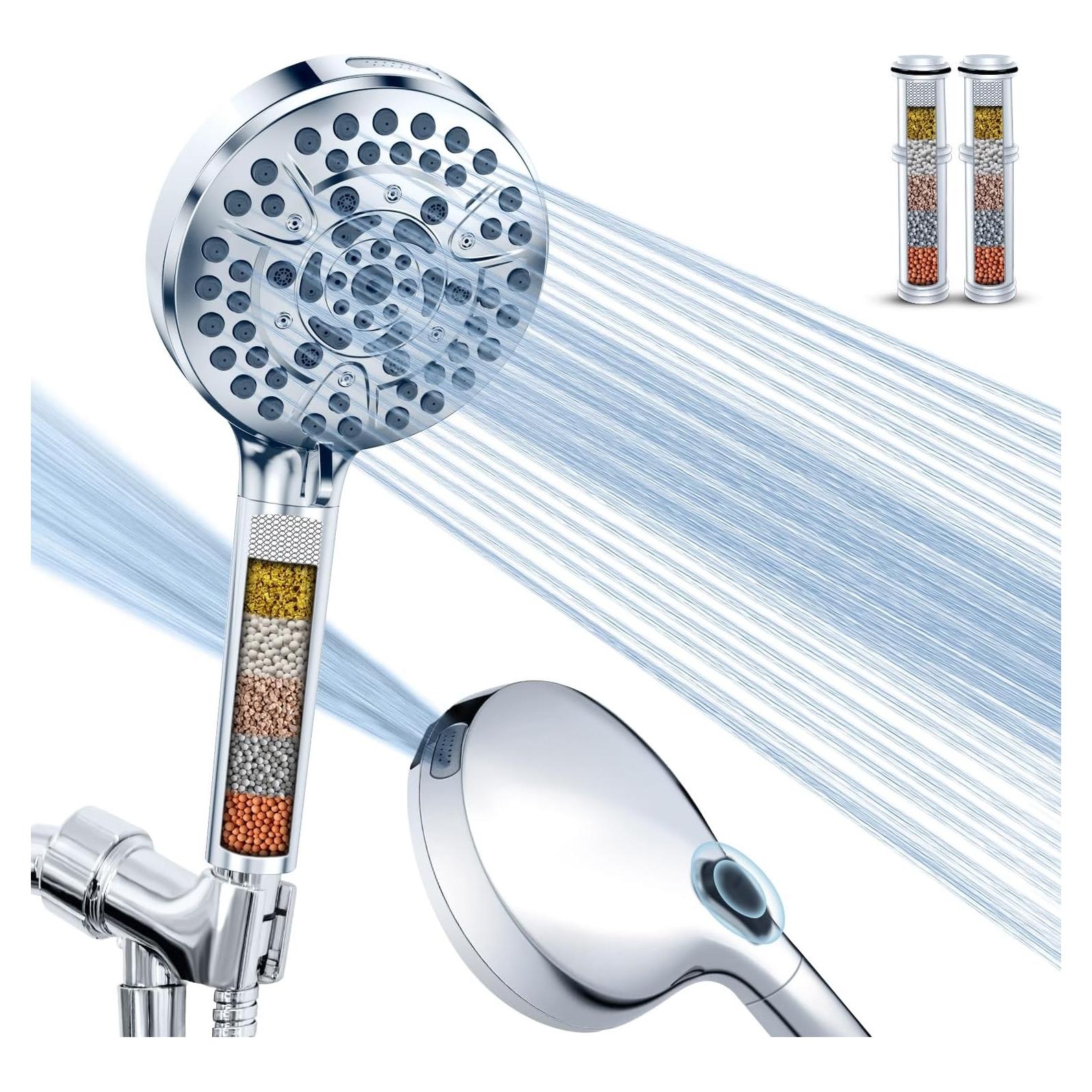 PALAS Filtered Shower Head with Handheld, High Pressure 10-Mode with Filters, Built-in Power Wash, soften hard water Remove Chlorine, Reinforced Hose, Overhead Bracket, Anti-clog nozzle (Chrome)