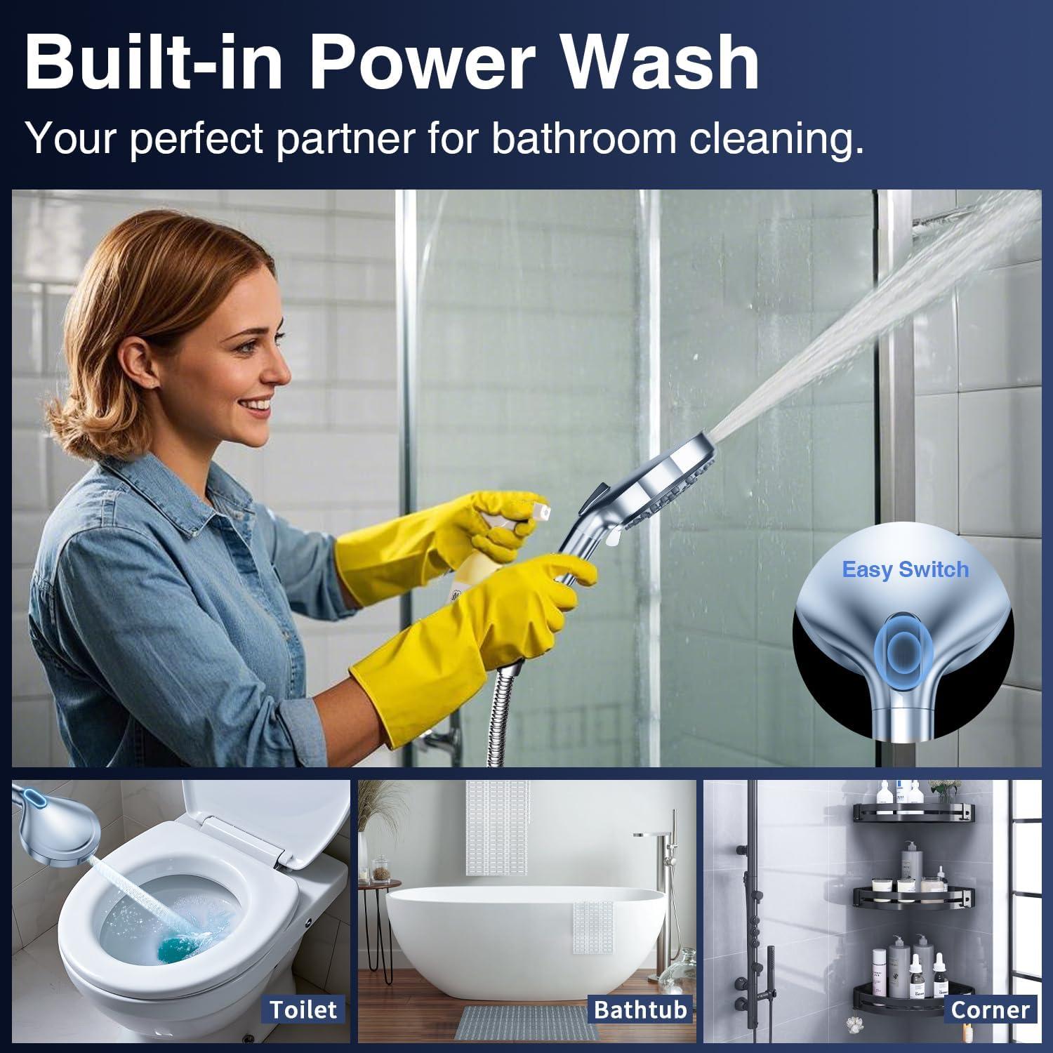 PALAS Filtered Shower Head with Handheld, High Pressure 10-Mode with Filters, Built-in Power Wash, soften hard water Remove Chlorine, Reinforced Hose, Overhead Bracket, Anti-clog nozzle (Chrome)