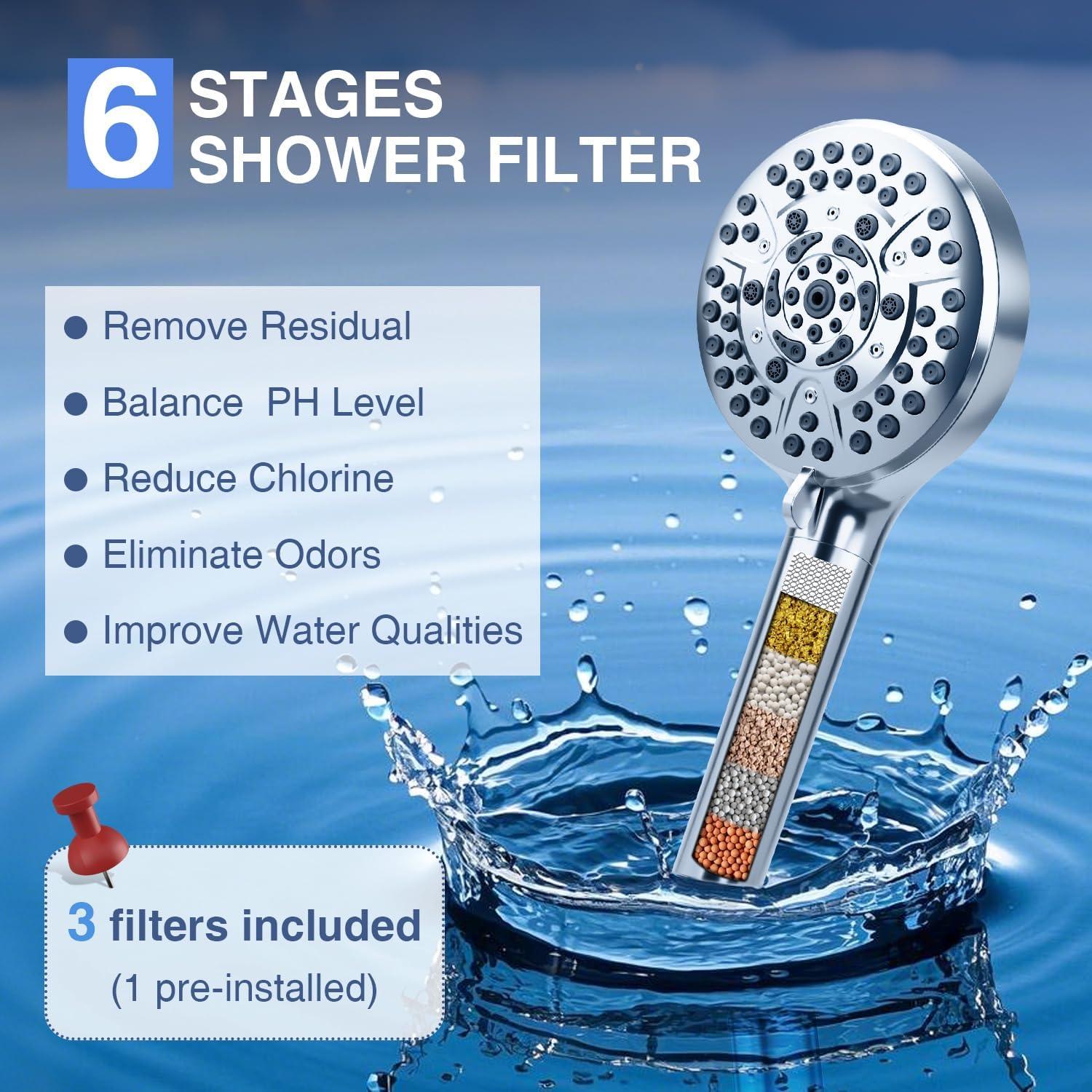 PALAS Filtered Shower Head with Handheld, High Pressure 10-Mode with Filters, Built-in Power Wash, soften hard water Remove Chlorine, Reinforced Hose, Overhead Bracket, Anti-clog nozzle (Chrome)