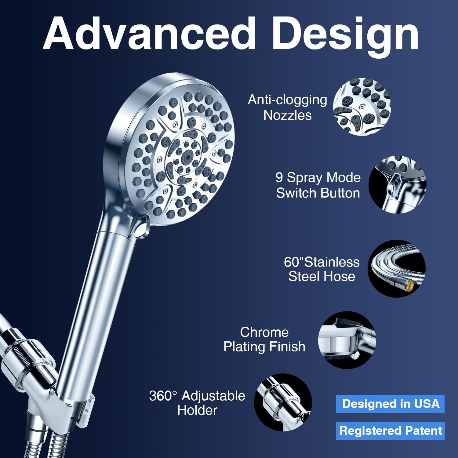 PALAS Filtered Shower Head with Handheld, High Pressure 10-Mode with Filters, Built-in Power Wash, soften hard water Remove Chlorine, Reinforced Hose, Overhead Bracket, Anti-clog nozzle (Chrome)