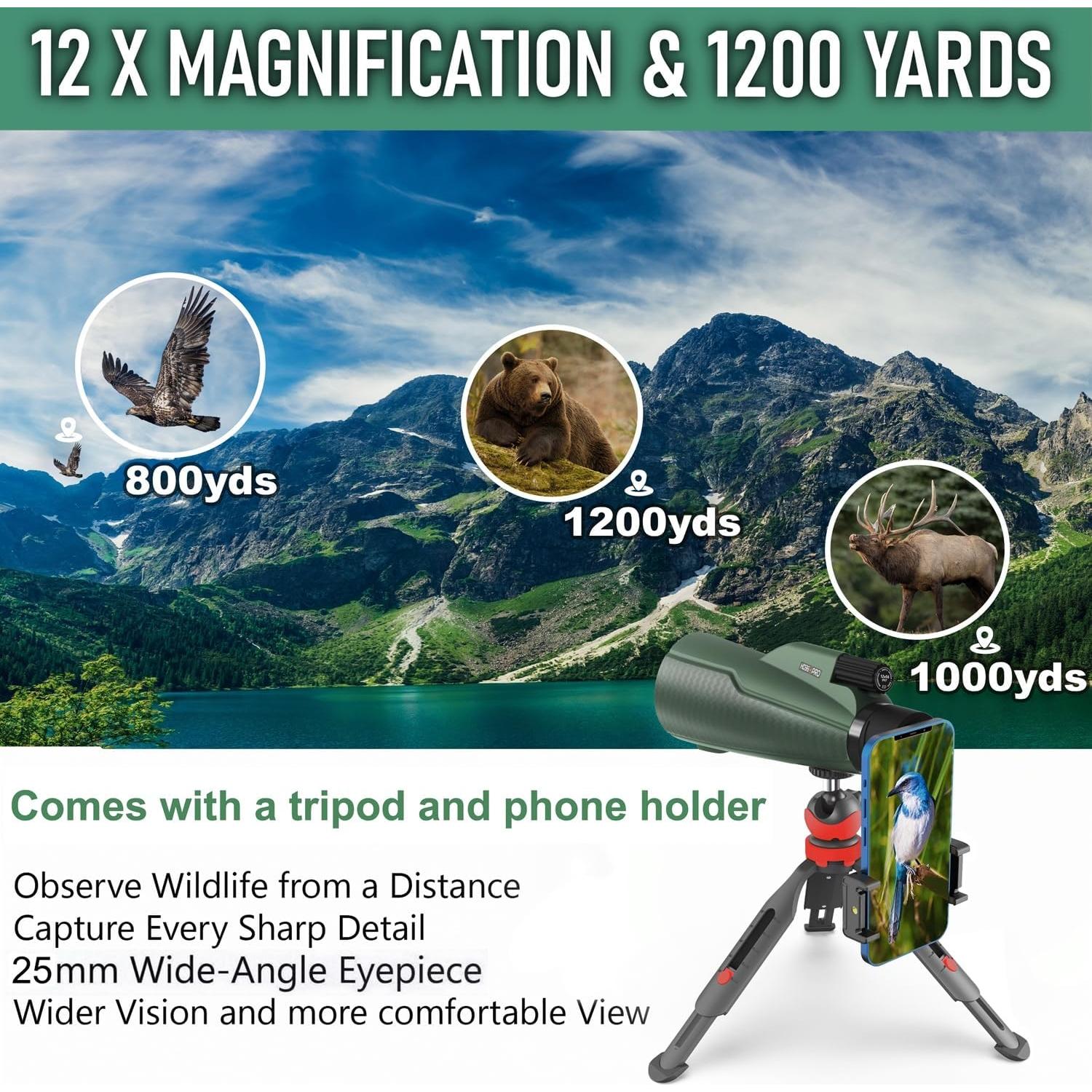 Telescopio Monocular HD360Pro 12x56 Compacto Impermeable
