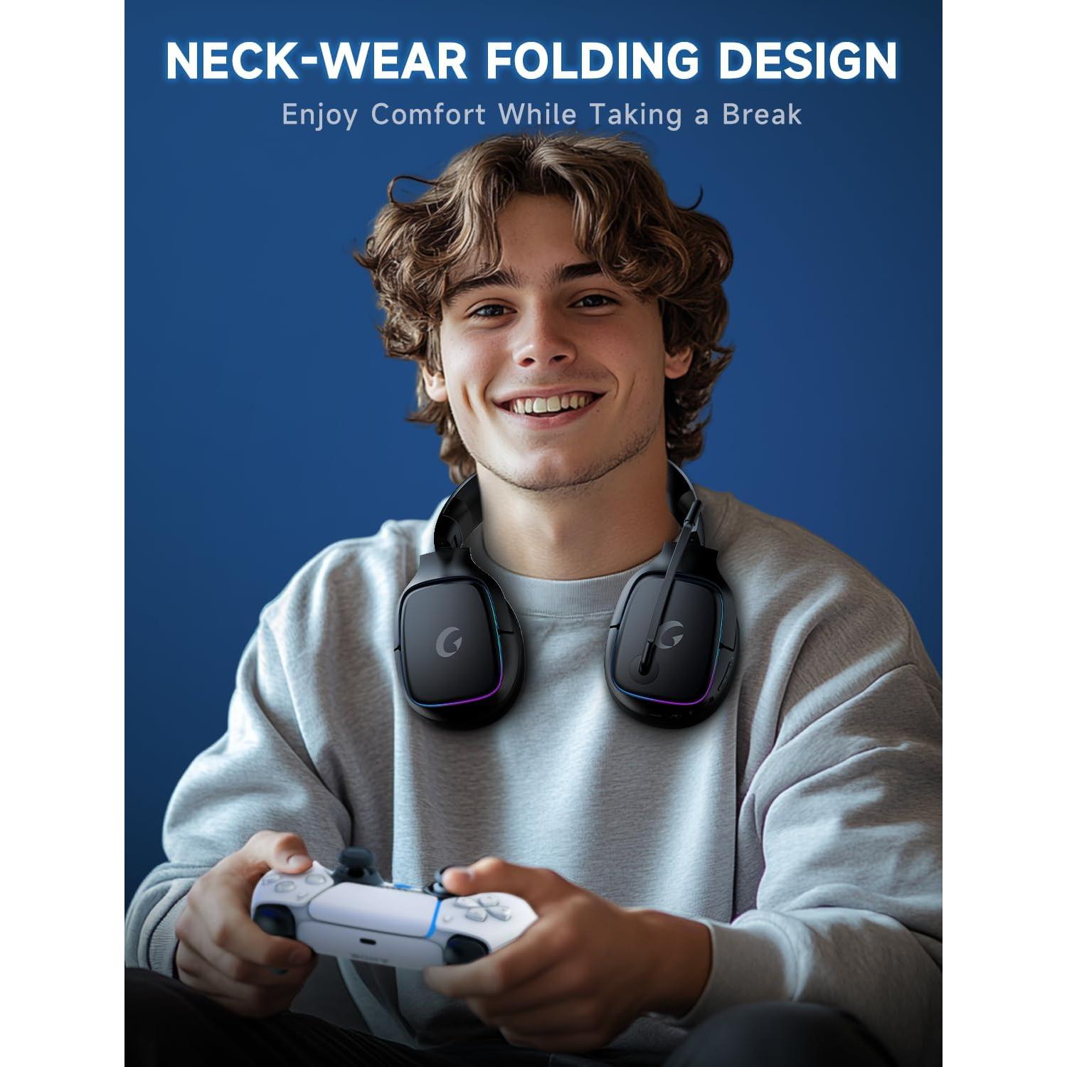 2.4GHz Wireless Gaming Headsets for PS5, PS4, PC, Switch - Bluetooth 5.3 Gaming Headphones with Noise Canceling Mic, 7.1 Surround Sound, 70H Battery, RGB Lighting - Black