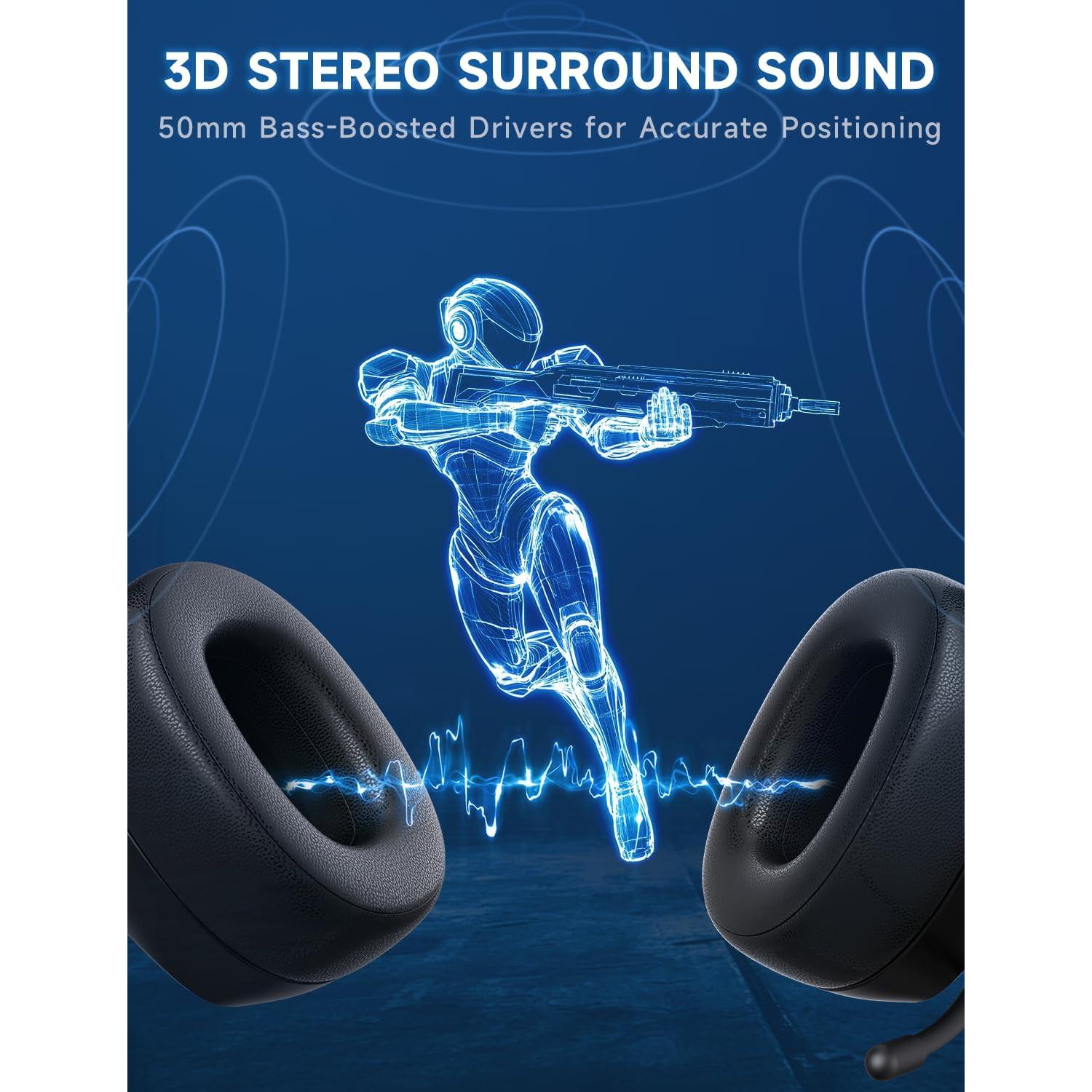 2.4GHz Wireless Gaming Headsets for PS5, PS4, PC, Switch - Bluetooth 5.3 Gaming Headphones with Noise Canceling Mic, 7.1 Surround Sound, 70H Battery, RGB Lighting - Black