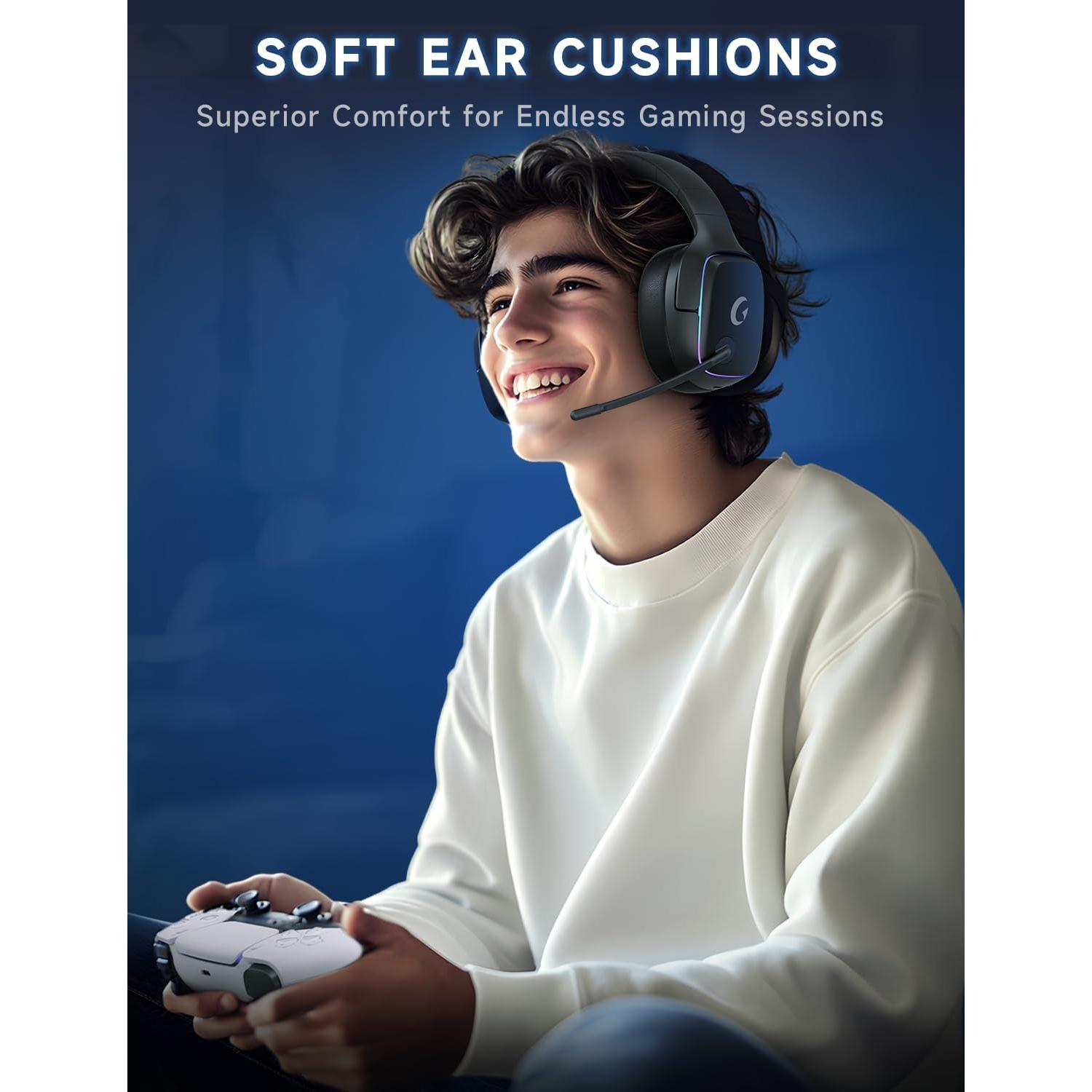 2.4GHz Wireless Gaming Headsets for PS5, PS4, PC, Switch - Bluetooth 5.3 Gaming Headphones with Noise Canceling Mic, 7.1 Surround Sound, 70H Battery, RGB Lighting - Black