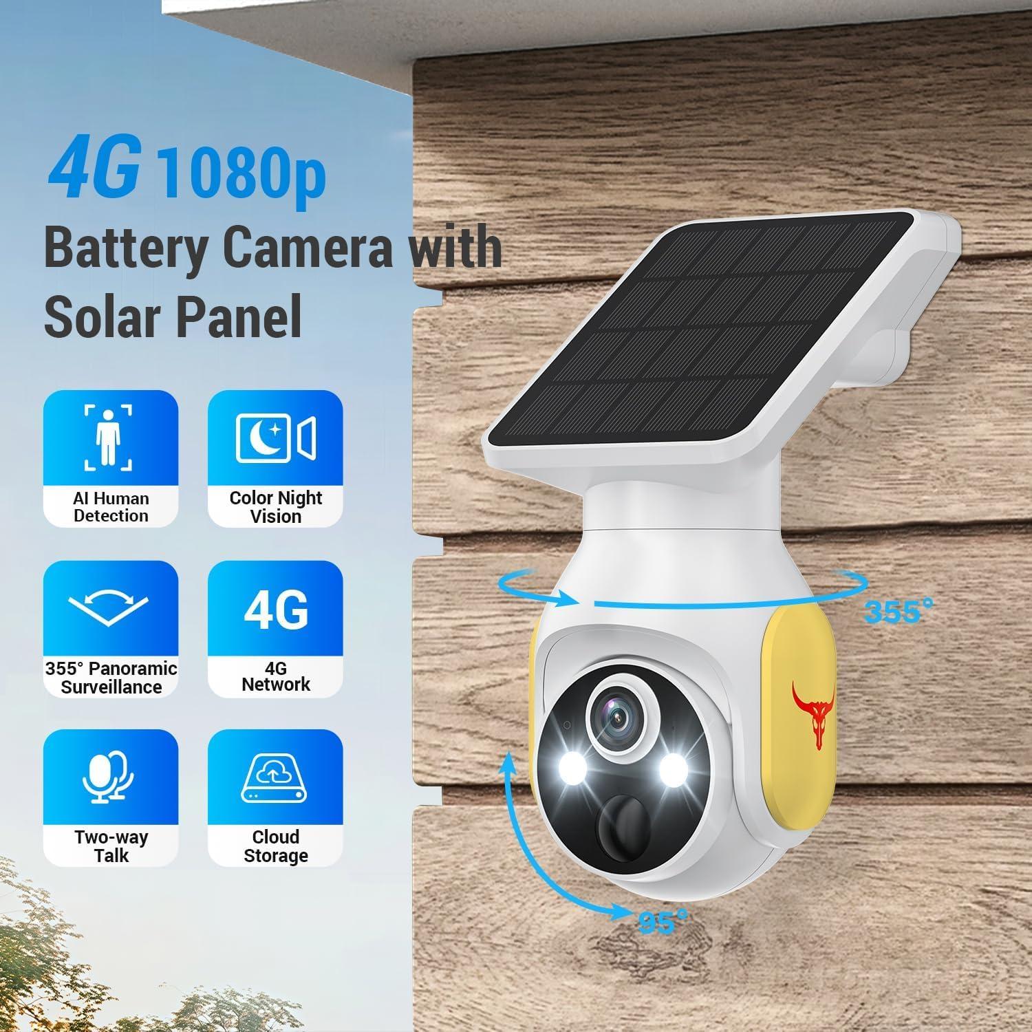 1080p Security Camera Wireless with Solar Panel, Smart AI Human Detection, 2-Way Audio, Color Night Vision, Cloud Storage, Indoor/Outdoor Surveillance Bullet Cam (4G)