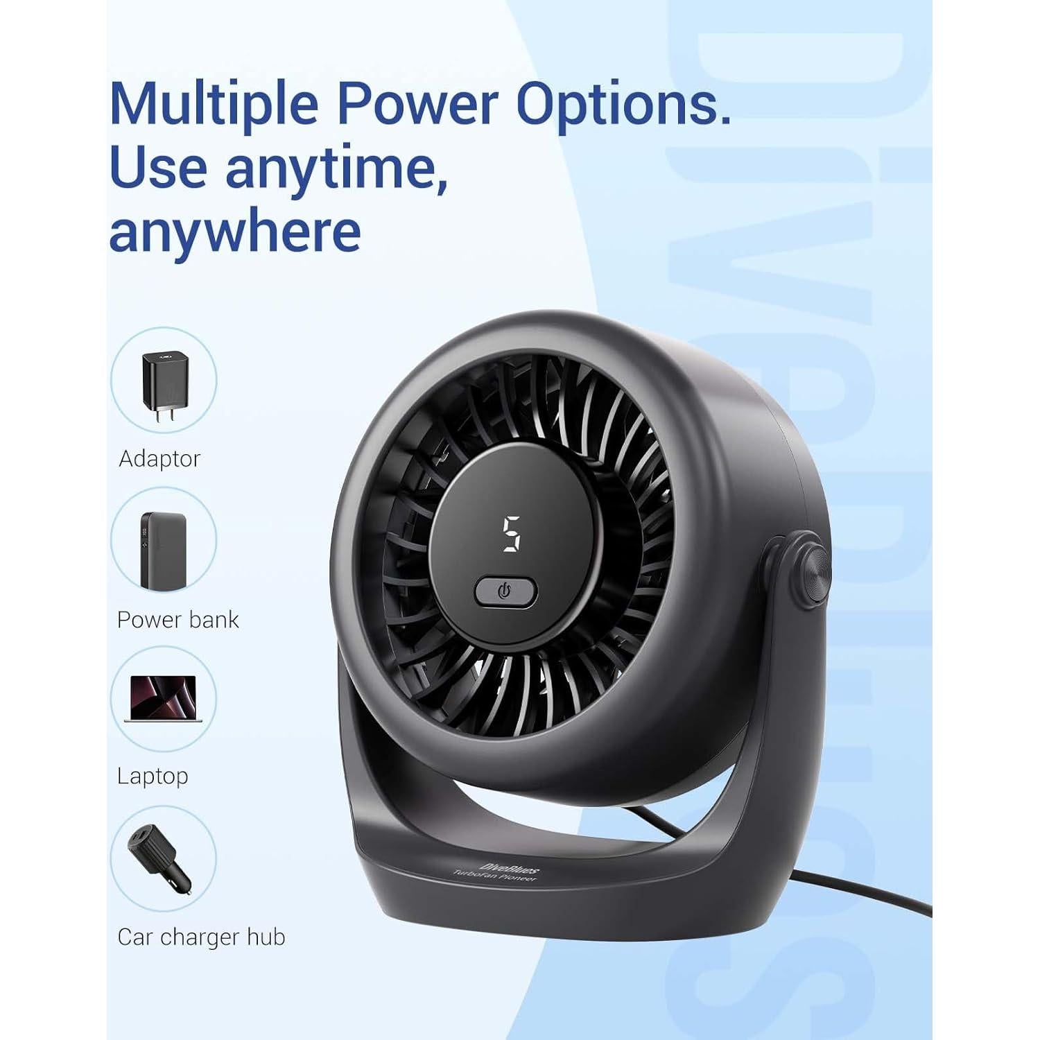 Ventilador de Escritorio USB Diveblues D5001, 5 Velocidades, Silencioso