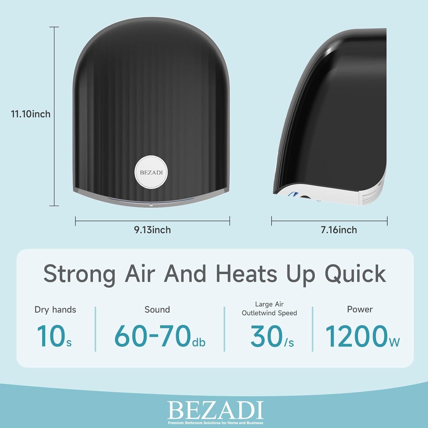 Secador de Manos Automático BEZADI 1200W Negro ABS