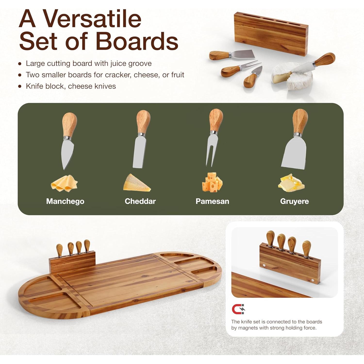 Tabla de Charcutería Grande Tidita 76 cm Madera Acacia con Cuchillos