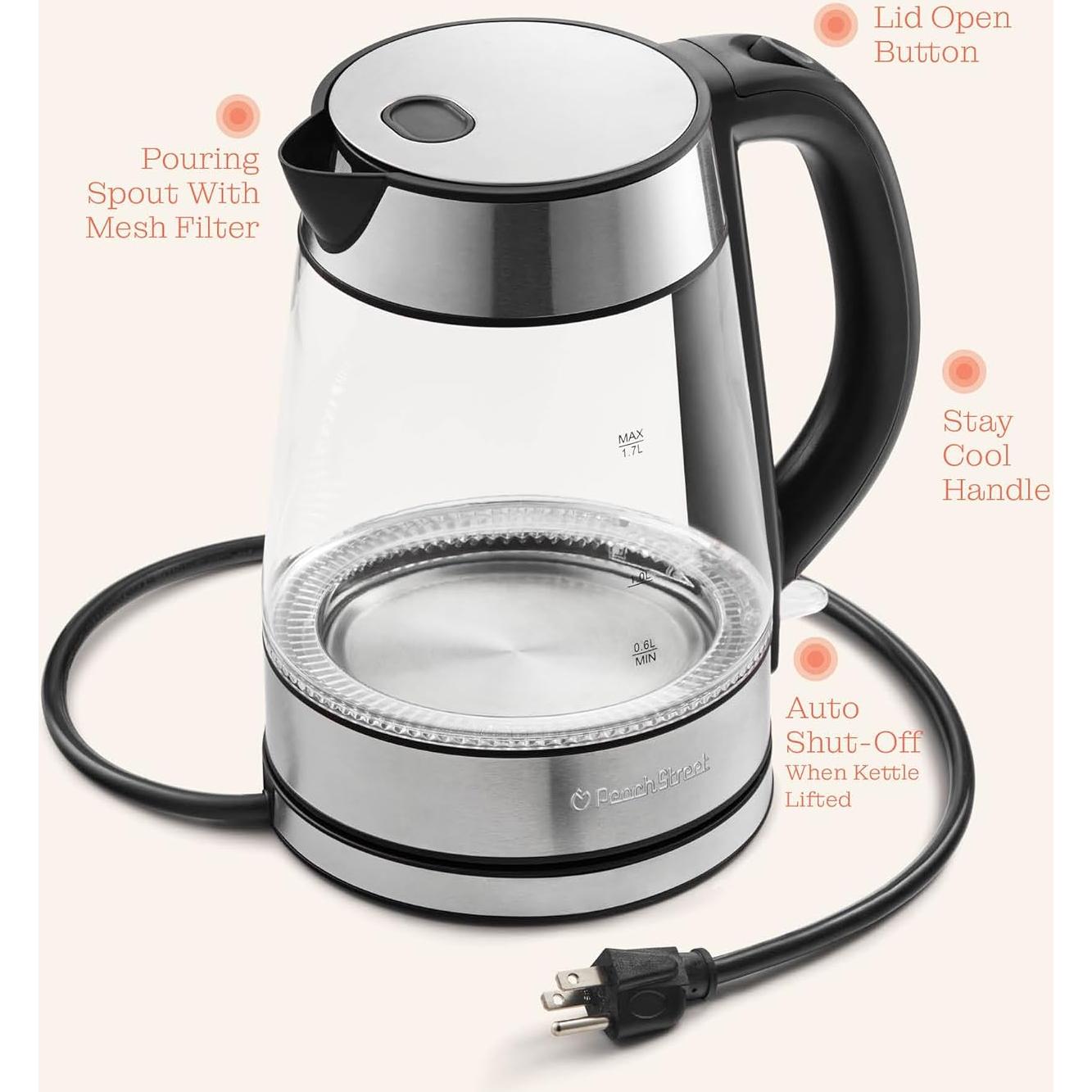 Hervidor Eléctrico Peach Street 1.7L 1500W Vidrio Borosilicato