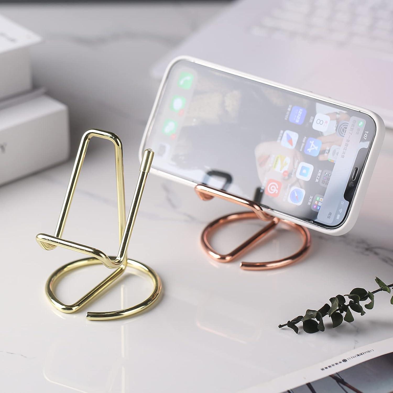 Cell Phone Stand, Business Card Holder, Mobile Phone Holder – Metal Wire Cellphone Cradle Dock, Compatible with iPhone/Android Phones/iPad Mini/Kindle (Gold)