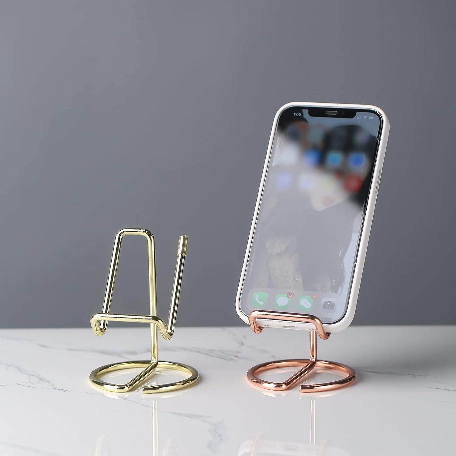 Cell Phone Stand, Business Card Holder, Mobile Phone Holder – Metal Wire Cellphone Cradle Dock, Compatible with iPhone/Android Phones/iPad Mini/Kindle (Gold)