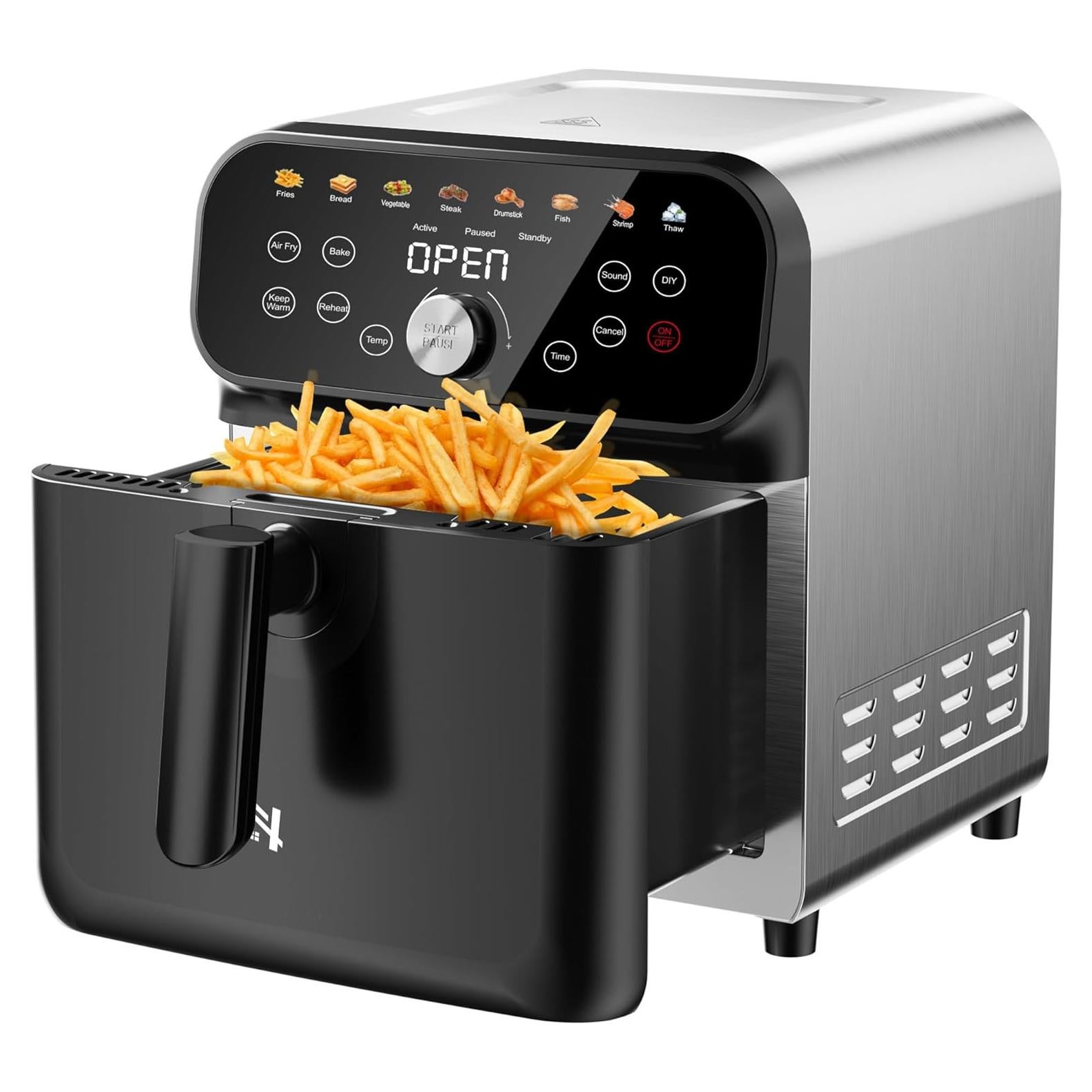 Air Fryer, 6.1QT Air Fryer Oven with LED Digital Touchscreen, 12 Preset Cooking Functions Air fryers,Roast, Warm-Up, Stay Warm, Stick-Free & Dishwasher-Friendly Basket, Stainless Steel/Black
